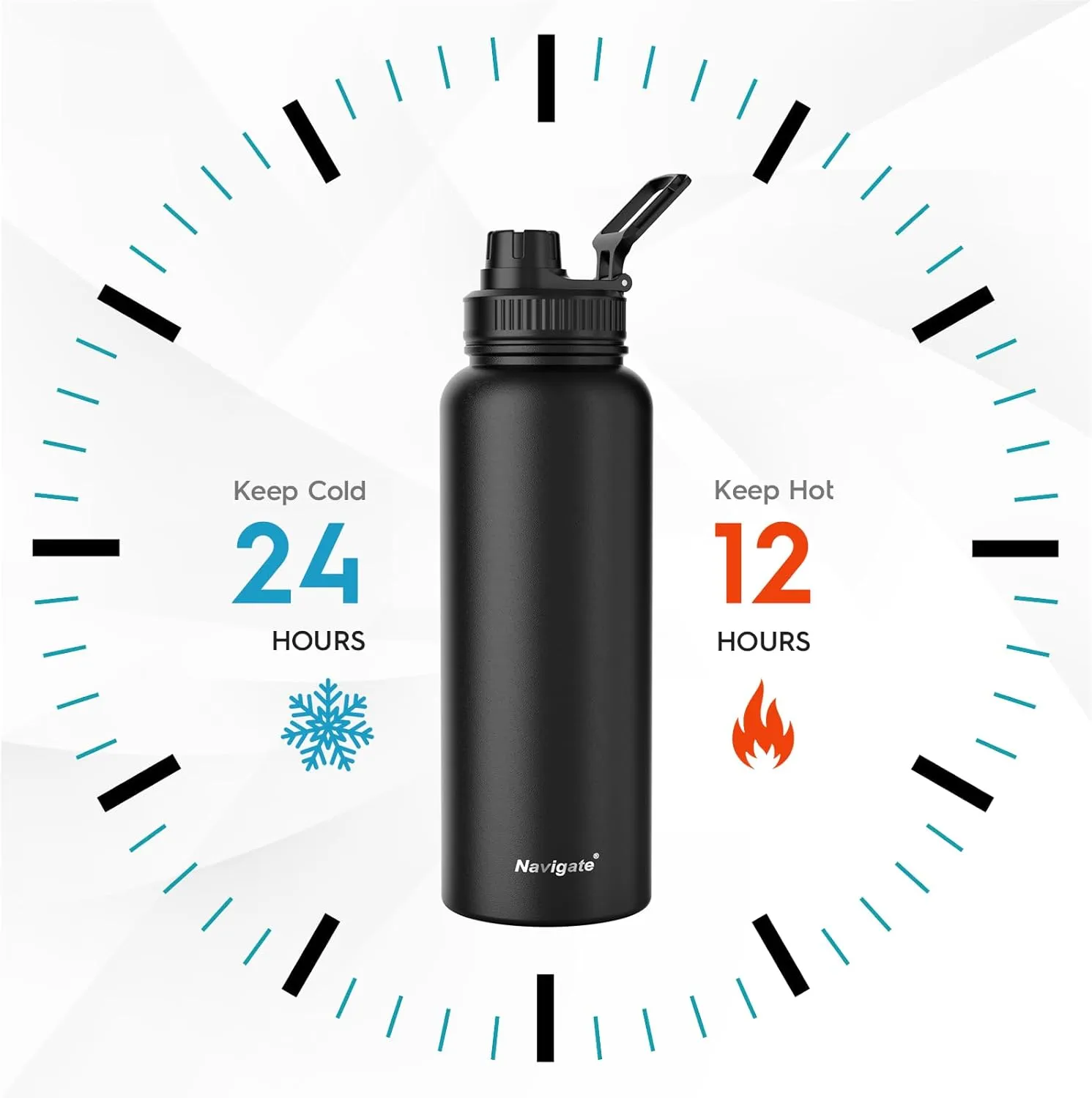 Navigate 40 oz Insulated Stainless Steel Sports Water Bottle with Spout & Handle Lids,Wide Mouth Water Jug with Double Walled Leak Proof Keep Cold for 24 Hrs Hot for 12 Hrs,Black