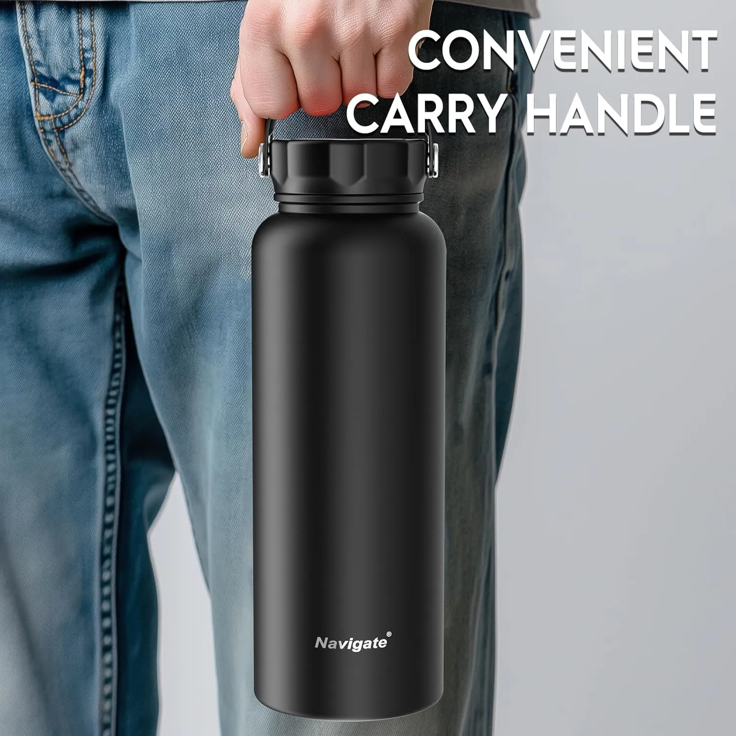Navigate 40 oz Insulated Stainless Steel Sports Water Bottle with Spout & Handle Lids,Wide Mouth Water Jug with Double Walled Leak Proof Keep Cold for 24 Hrs Hot for 12 Hrs,Black