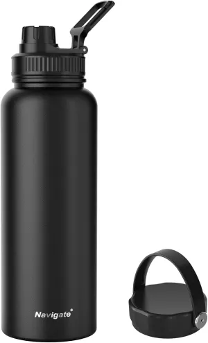 Navigate 40 oz Insulated Stainless Steel Sports Water Bottle with Spout & Handle Lids,Wide Mouth Water Jug with Double Walled Leak Proof Keep Cold for 24 Hrs Hot for 12 Hrs,Black