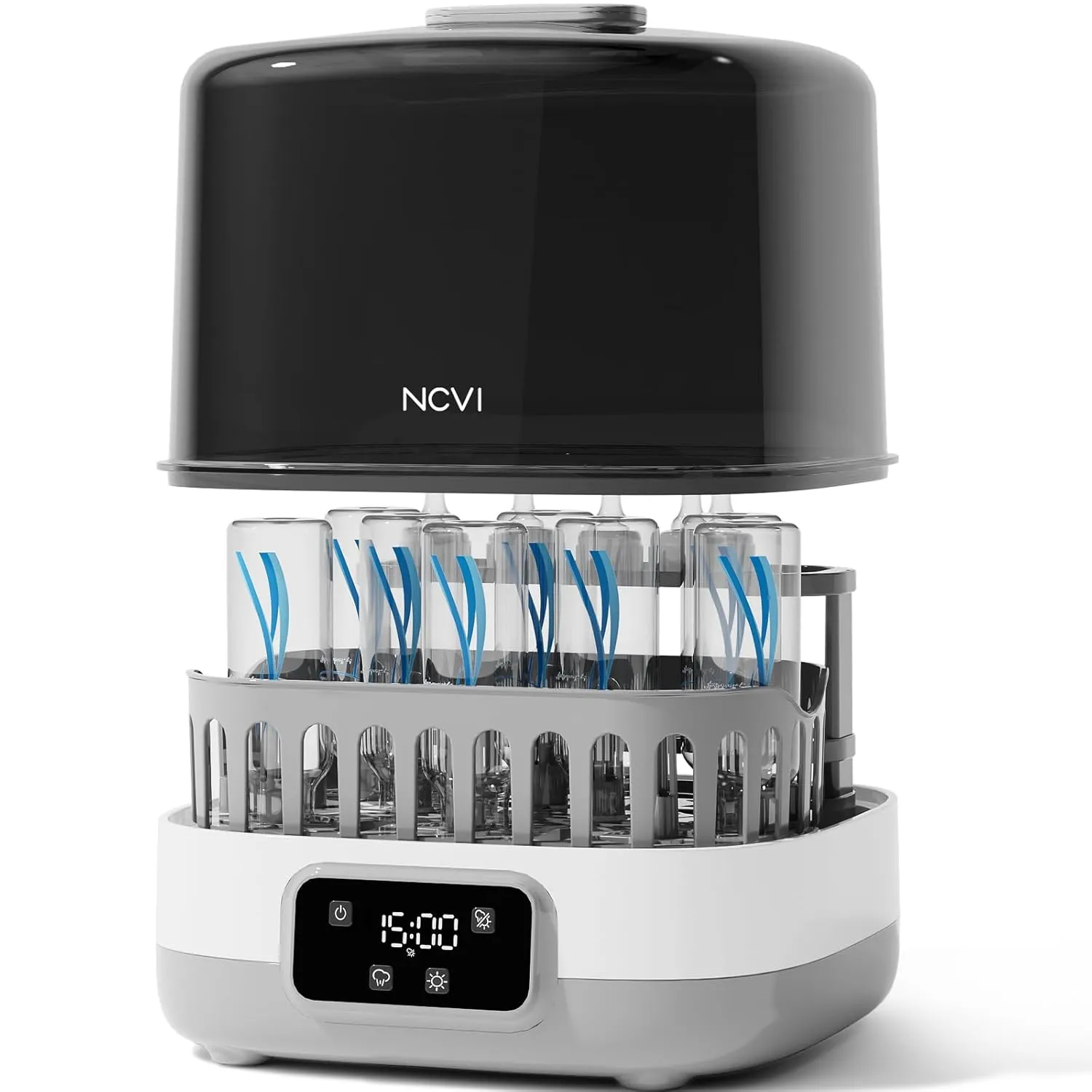NCVI 20-Minute Baby Bottle Steamer Sterilizer and Dryer with 2 Bottle Trays for 8/6 Bottles, Fast Electric Steam Sterilization Disinfection for All Bottles, Pacifiers, Teether and Breast Pump Parts