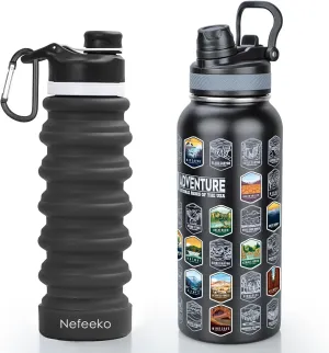 Nefeeko Travel Water Bottles Bundles | 32oz National Parks Insulated Bottle with Stickers & 26oz Collapsible Water Bottles with Carabiner | Gift for Hikers, Camping & Outdoor Enthusiasts(Black)