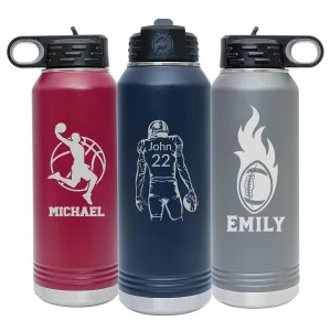 Next Day Shipping, Personalized Laser Engraved 12 20 32 40 oz Water Bottle with Name & Sport Logo, Stainless Steel Double Wall Vacuum Insulated with Lid and Straw Custom Water Bottle (Sport Chart 2)