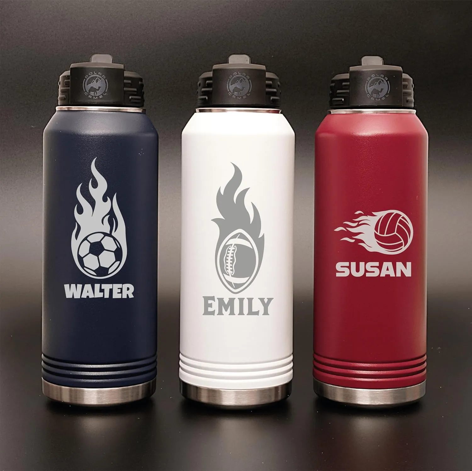 Next Day Shipping, Personalized Laser Engraved 12 20 32 40 oz Water Bottle with Name & Sport Logo, Stainless Steel Double Wall Vacuum Insulated with Lid and Straw Custom Water Bottle (Sport Chart 2)