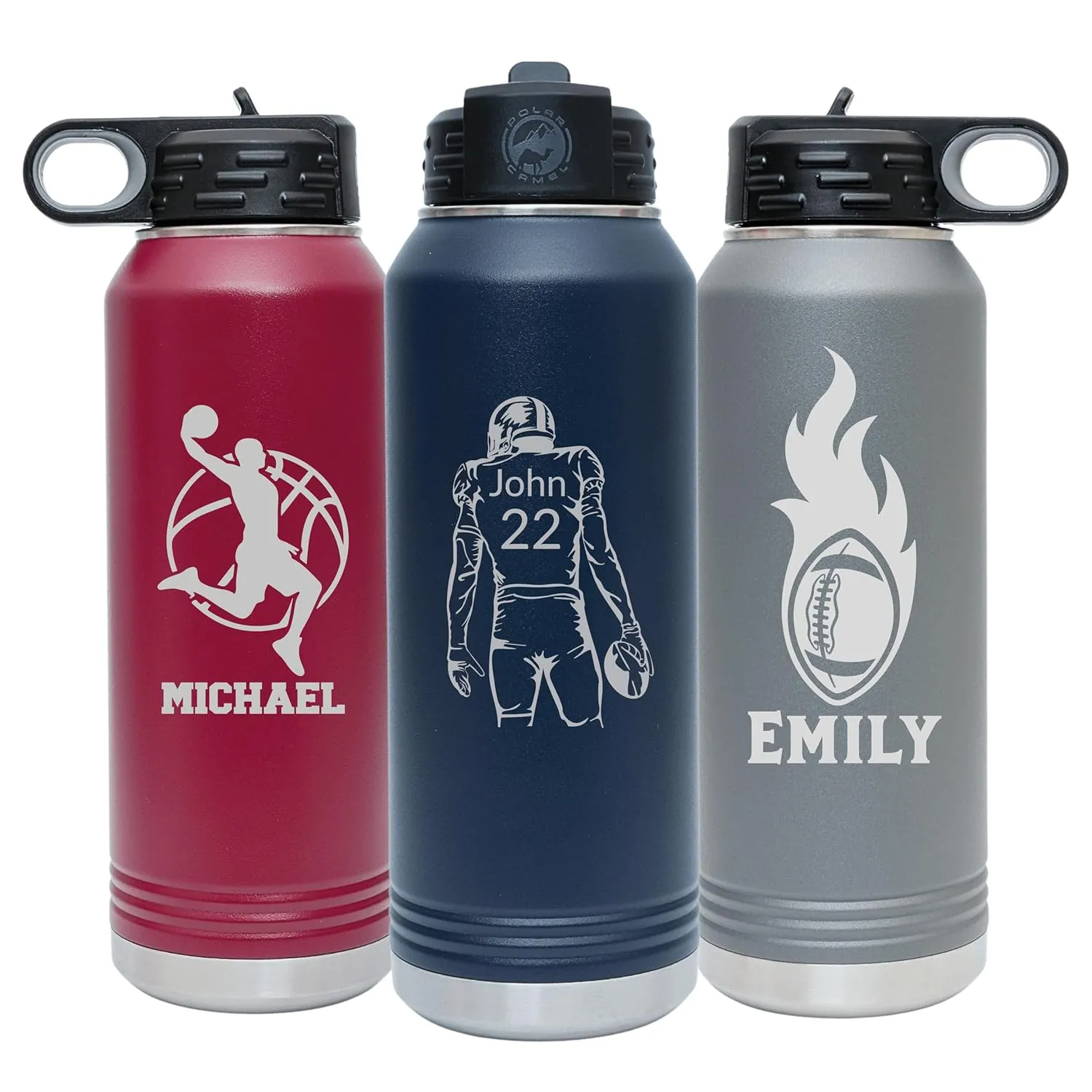 Next Day Shipping, Personalized Laser Engraved 12 20 32 40 oz Water Bottle with Name & Sport Logo, Stainless Steel Double Wall Vacuum Insulated with Lid and Straw Custom Water Bottle (Sport Chart 2)