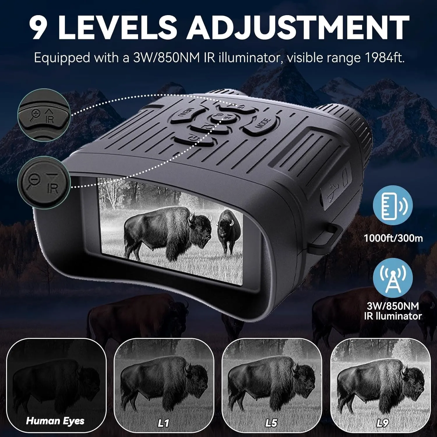 Night Vision Binoculars for Adults Kids 36MP Images 9 IR Modes 1984ft Night Range 10x Digital Zoom 3.2" LCD Screen 300g Night Vision Goggles Quick Charge Small Binoculars for Camping