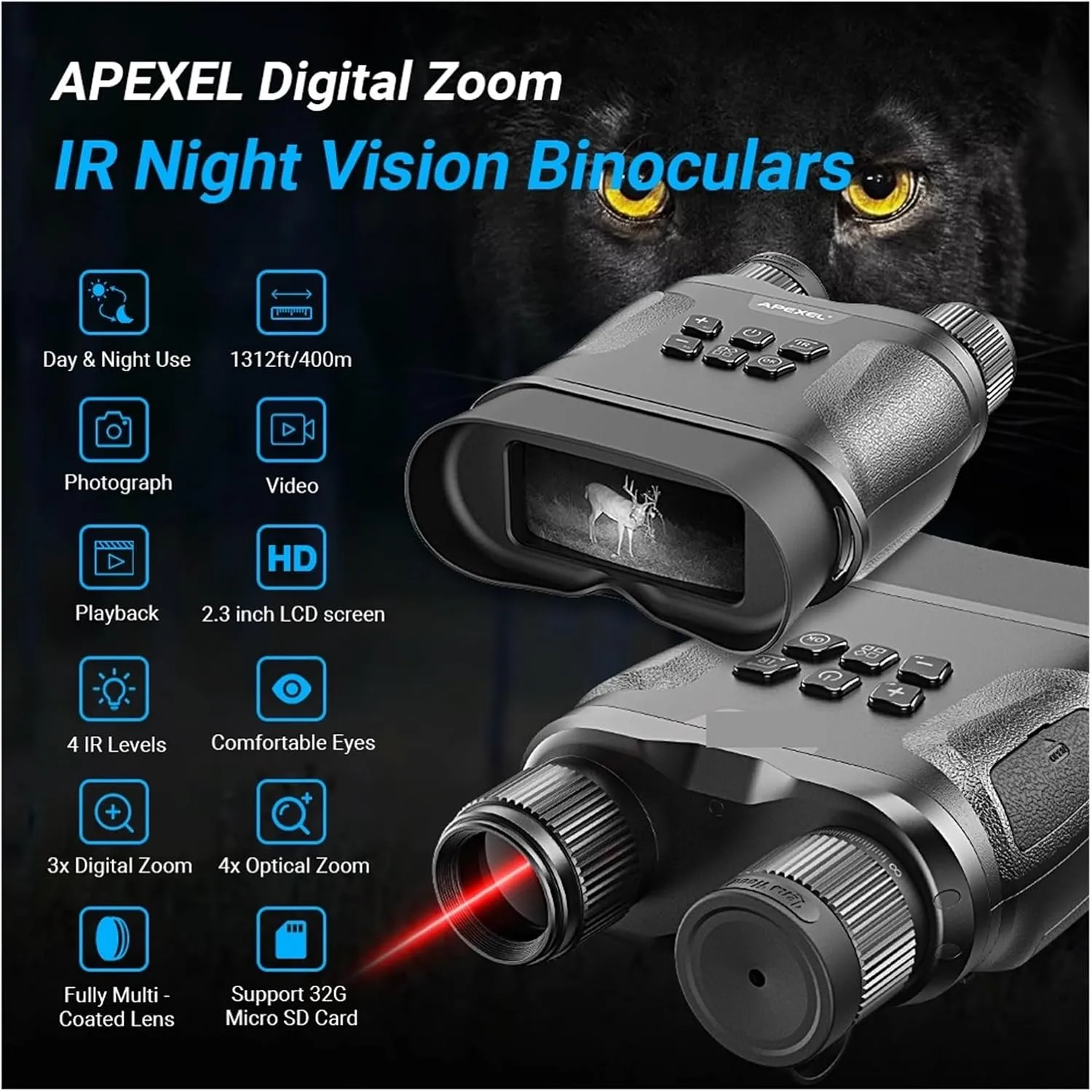 Night Vision Device Binoculars HD Digital Binoculars Long Range Night Vision Goggles for Hunting Binoculares Telescope, With Battery