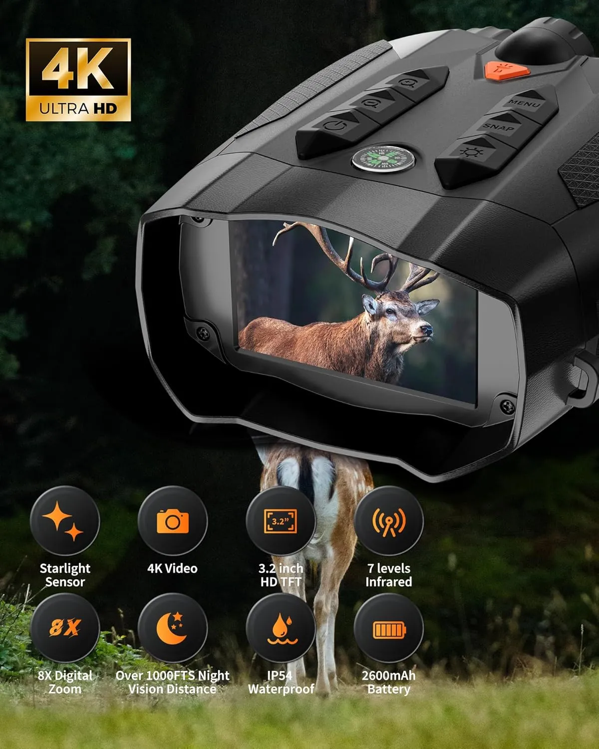 Night Vision Goggles - 4000mAH Rechargeable Battery 3.2, 1315FT 4K Infrared Binoculars, 8X Digital Zoom, Screen with 32GB TF Card