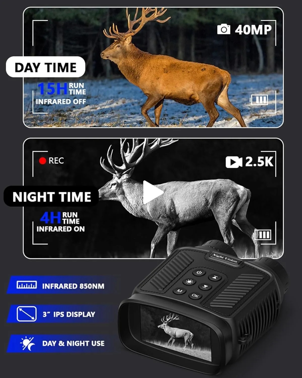 Night Vision Goggles for Adults, Night Vision Binoculars 3" Screen Night Vision Goggles 8-Adjustable Levles for Camping4K(Black)