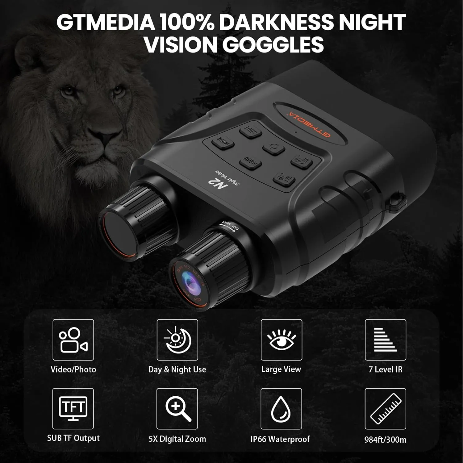Night Vision Goggles，4K Infrared Night Vision Binoculars for Viewing in 100% Darkness with HD Large Screen, 5X Digital Zoom & 7 IR,32G TF Card for Hunting Camping Birds Watching
