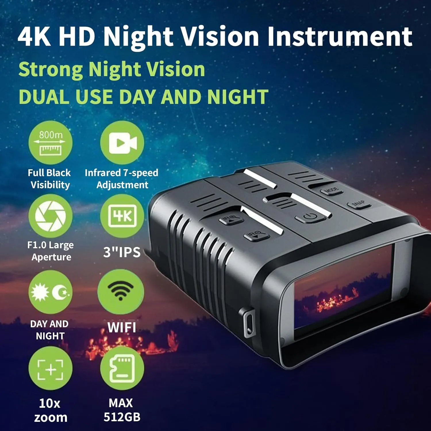 Night Vision Goggles,4K Night Vision Binoculars with Infrared Camera,3'' HD Screen,10X Digital Zoom,4000mAh Rechargeable Battery,64GB TF Card to Save Photo and Video,Gifts for Men-N009