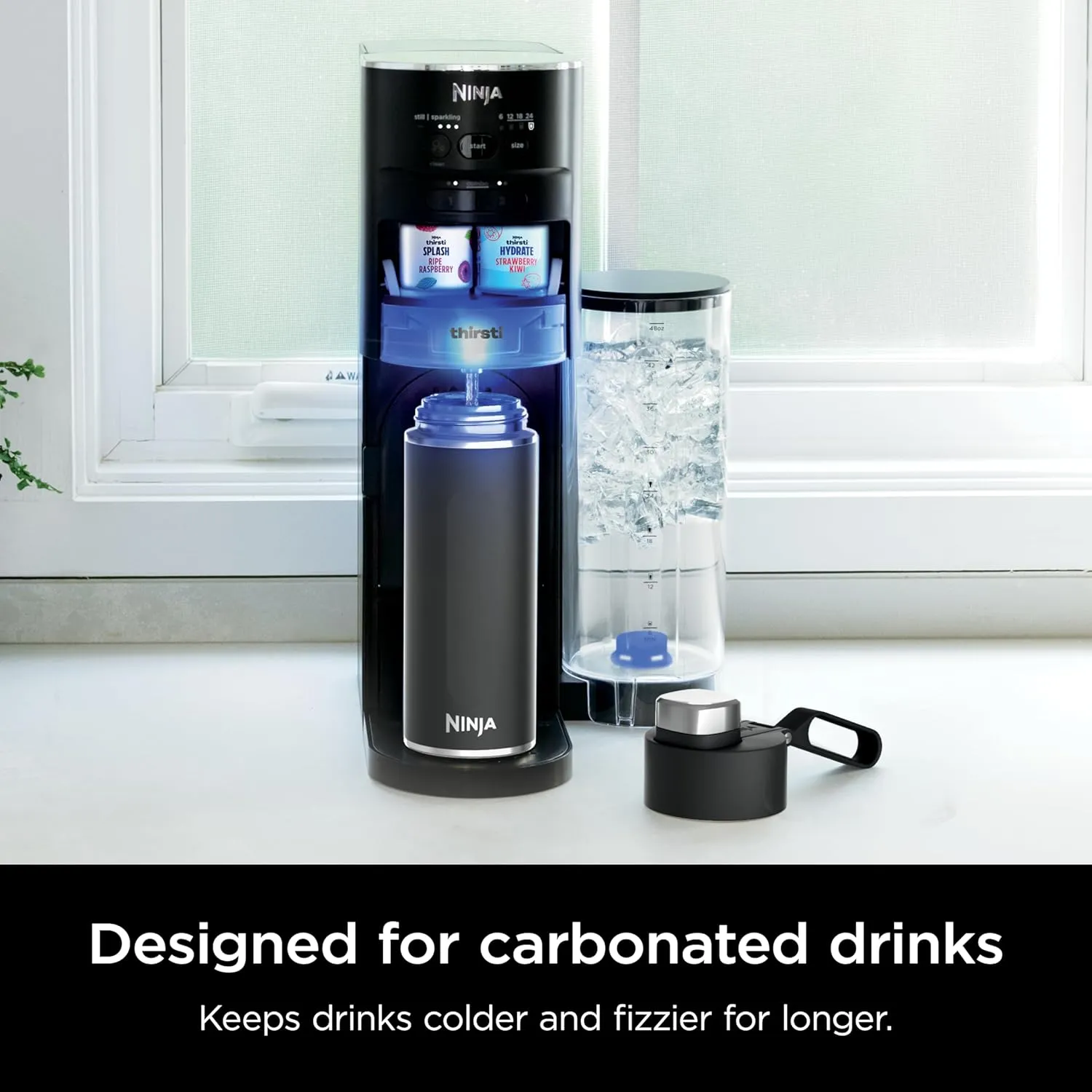 Ninja DW1801BK Thirsti 18oz Travel Water Bottle, For Carbonated Sparkling Drinks, Colder and Fizzier Longer, Leak Proof, 24 Hrs Cold, Dishwasher Safe, Stainless Steel Insulated Tumbler, Onyx Black