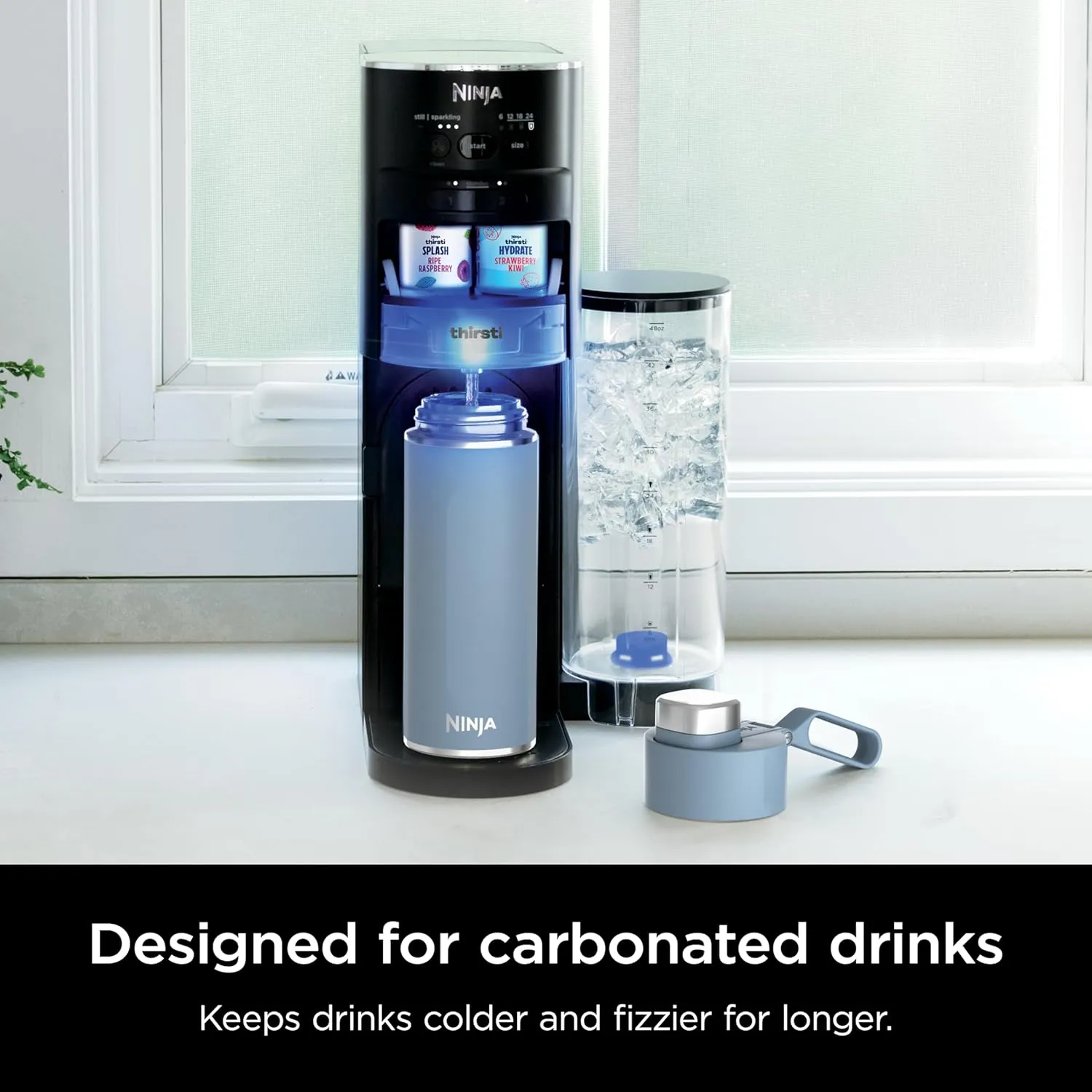 Ninja Thirsti 18oz Travel Water Bottle, For Carbonated Sparkling Drinks, Colder and Fizzier Longer, Leak Proof, 24 Hrs Cold, Dishwasher Safe, Stainless Steel Insulated Tumbler, Storm Blue, DW1801BL