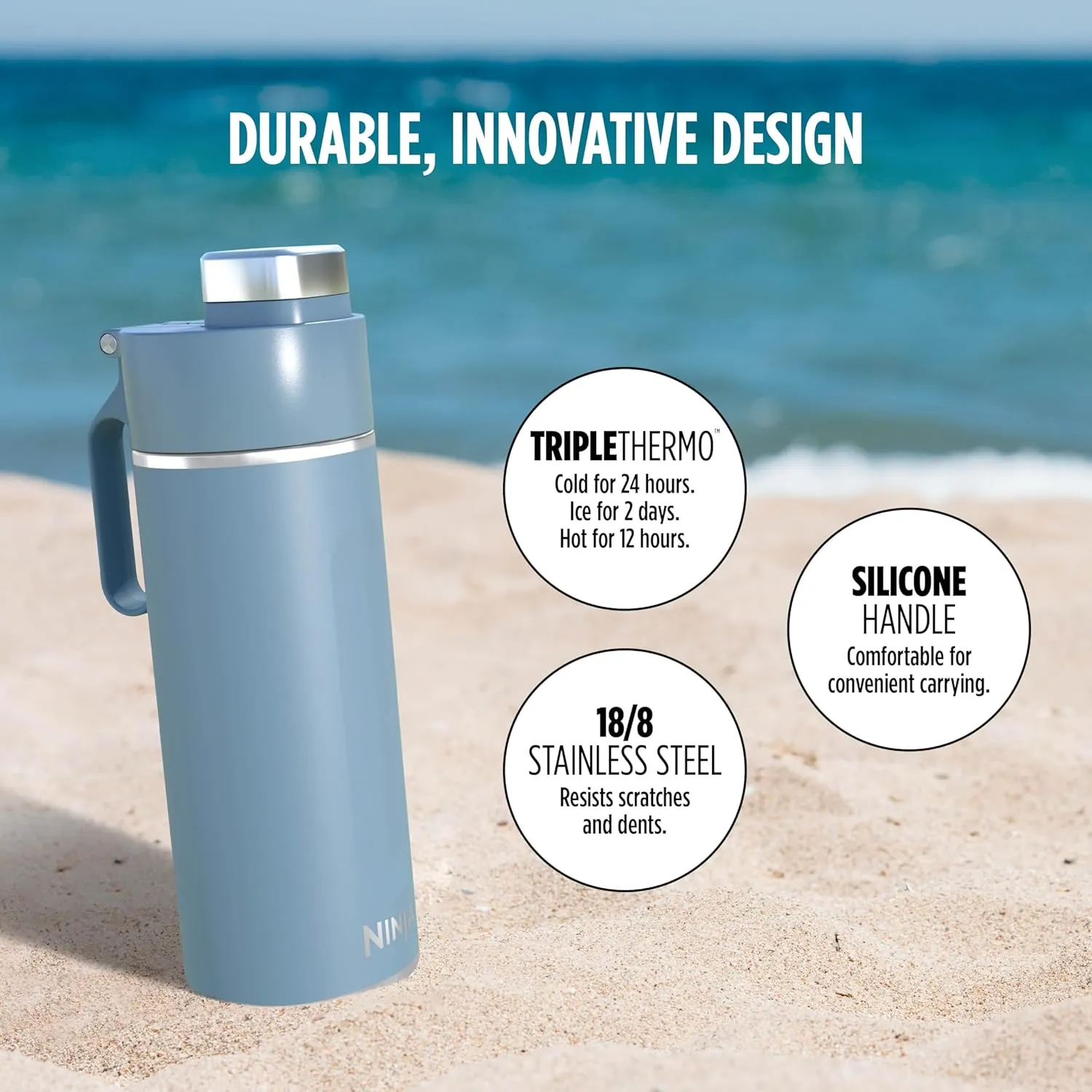 Ninja Thirsti 18oz Travel Water Bottle, For Carbonated Sparkling Drinks, Colder and Fizzier Longer, Leak Proof, 24 Hrs Cold, Dishwasher Safe, Stainless Steel Insulated Tumbler, Storm Blue, DW1801BL