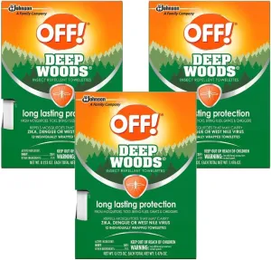 OFF! Deep Woods Insect Repellent Towelettes, Long Lasting Protection from Mosquitoes, Unscented, 12 Count (Pack of 3)
