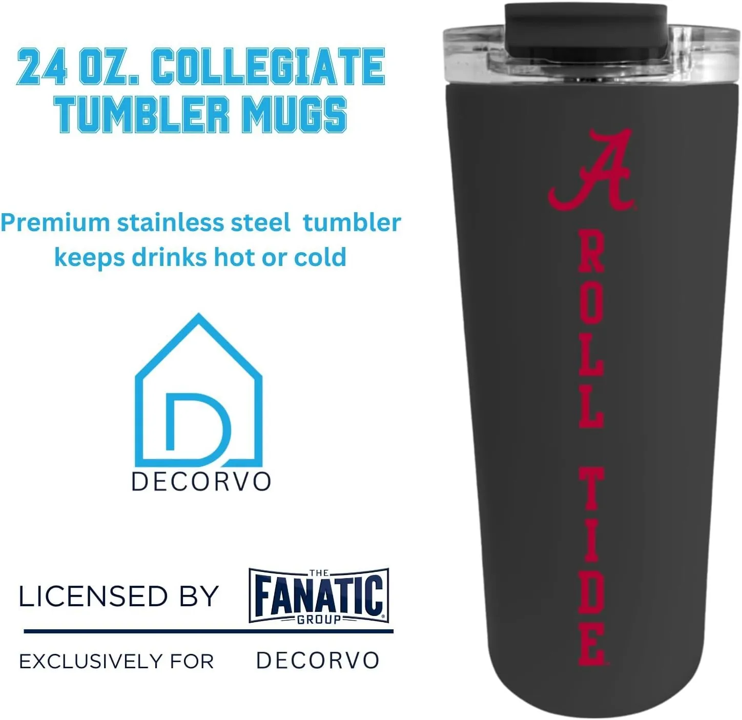 Officially Licensed Collegiate Stainless Steel Tumbler - Double Walled Insulated Travel Thermos - 24 oz (Alabama Black)
