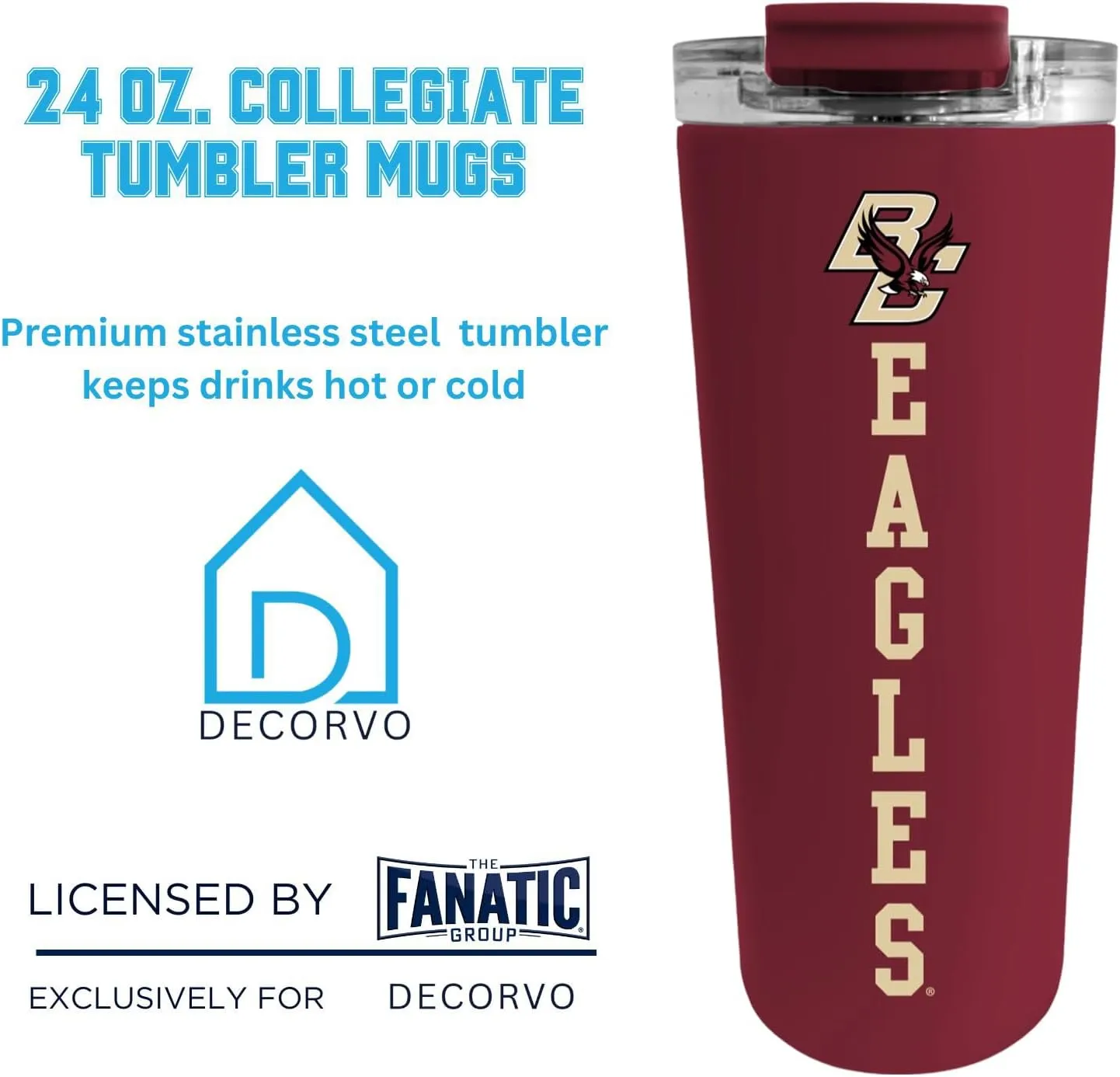Officially Licensed Collegiate Stainless Steel Tumbler - Double Walled Insulated Travel Thermos - 24 oz (Boston Maroon)