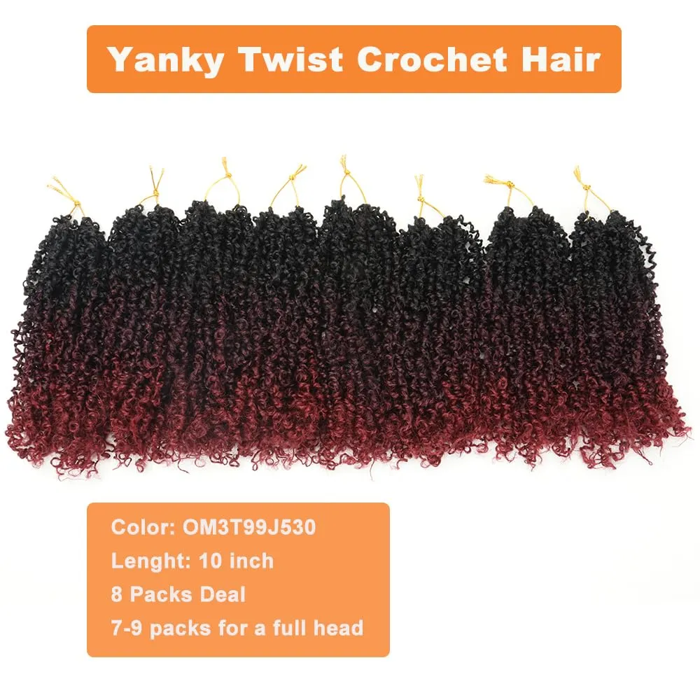 Ombre Bug Yanky Twist Crochet Braids Hair 100% Handmade Synthetic Short Re-twisted Curls Bohemian Spring Twists Crochet Braids for Black Women Pro-looped Hair Extensions(10” 8 packs 3T99J530）