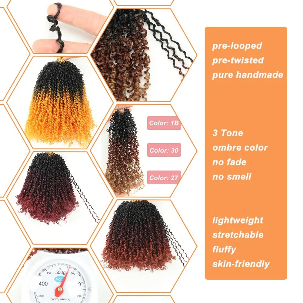 Ombre Bug Yanky Twist Crochet Braids Hair 100% Handmade Synthetic Short Re-twisted Curls Bohemian Spring Twists Crochet Braids for Black Women Pro-looped Hair Extensions(10” 8 packs 3T99J530）