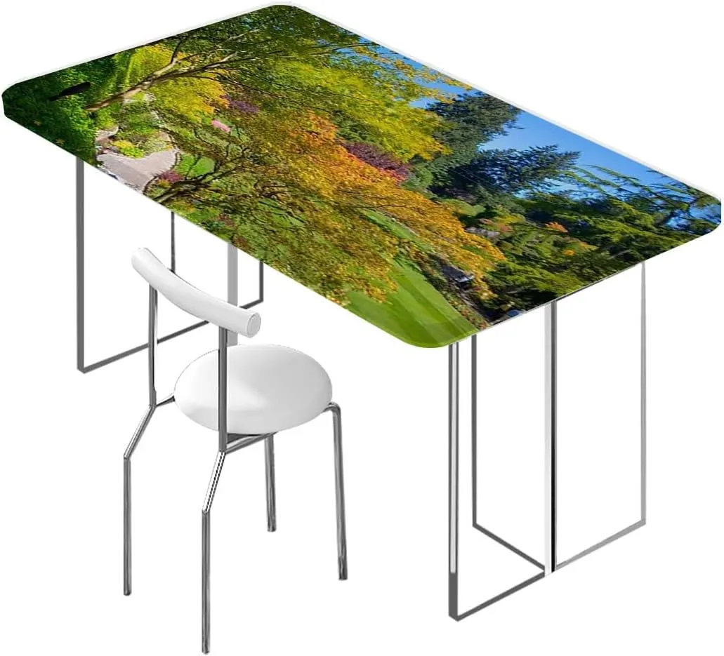 Orange Green Fitted Tablecloth Fall Valley Natural Season Tablecloth Fitted Rectangle Elastic Edged Table Cover Waterproof ​Fabric,for 4 Foot Tables Fall Scenic