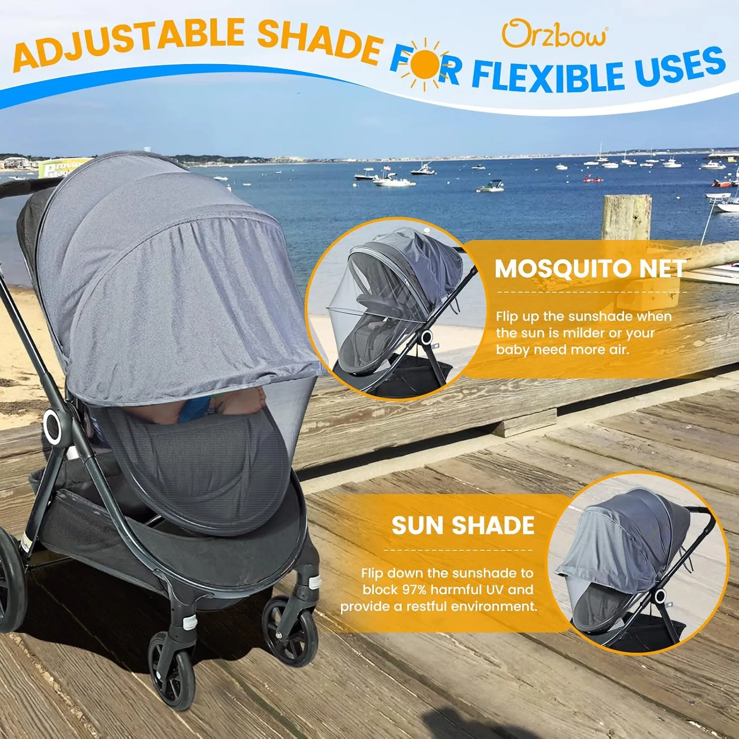 Orzbow 2-in-1 Baby Mosquito Net with UPF50  Sunshade for Stroller, Breathable Stroller Mosquito Netting Privacy Cover with Two-Way Zipper & Storage Bag for Bassinet, Car Seat & Carrycot, Grey