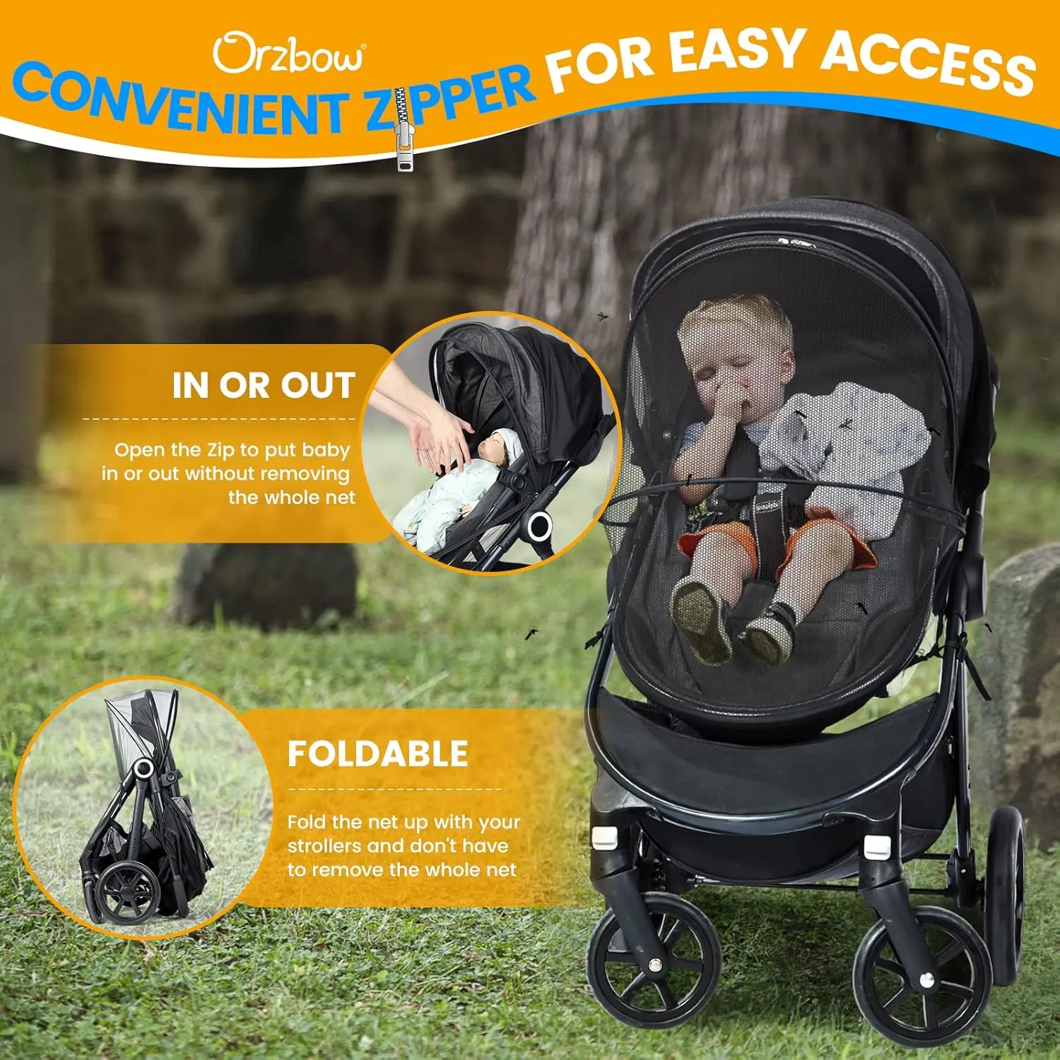 Orzbow 2-in-1 Baby Mosquito Net with UPF50  Sunshade for Stroller, Breathable Stroller Mosquito Netting Privacy Cover with Two-Way Zipper & Storage Bag for Bassinet, Car Seat & Carrycot, Grey