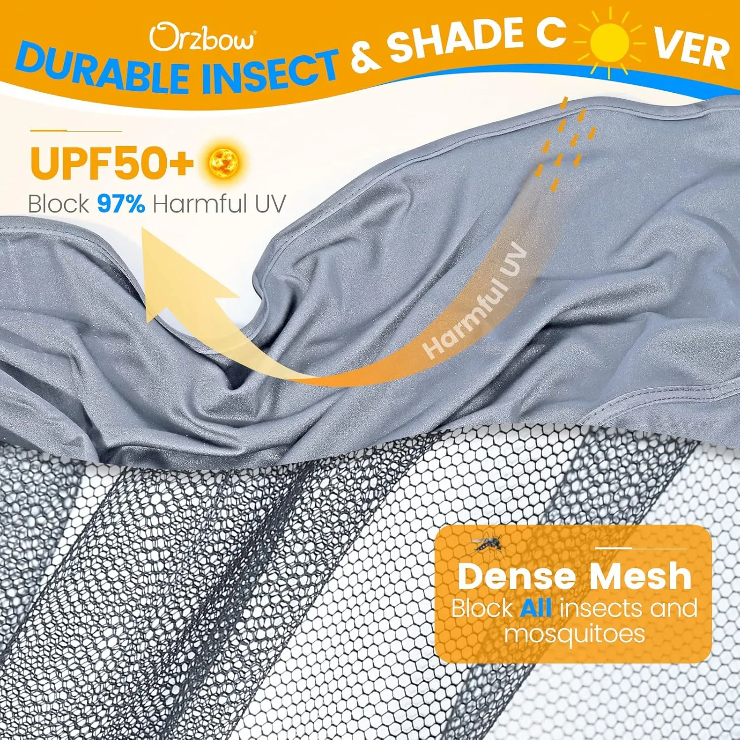 Orzbow 2-in-1 Baby Mosquito Net with UPF50  Sunshade for Stroller, Breathable Stroller Mosquito Netting Privacy Cover with Two-Way Zipper & Storage Bag for Bassinet, Car Seat & Carrycot, Grey