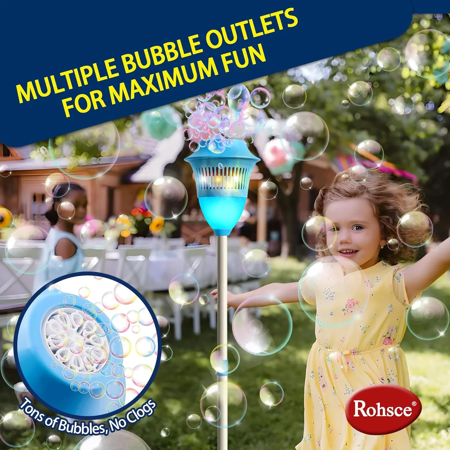 Outdoor Bubble Machine for Kids, 47 Inches Height Standing Bubble Maker with Music & Lights, Rechargeable Bubble Tower for Kids, Summer Toy Garden Play, Birthday Party Gift