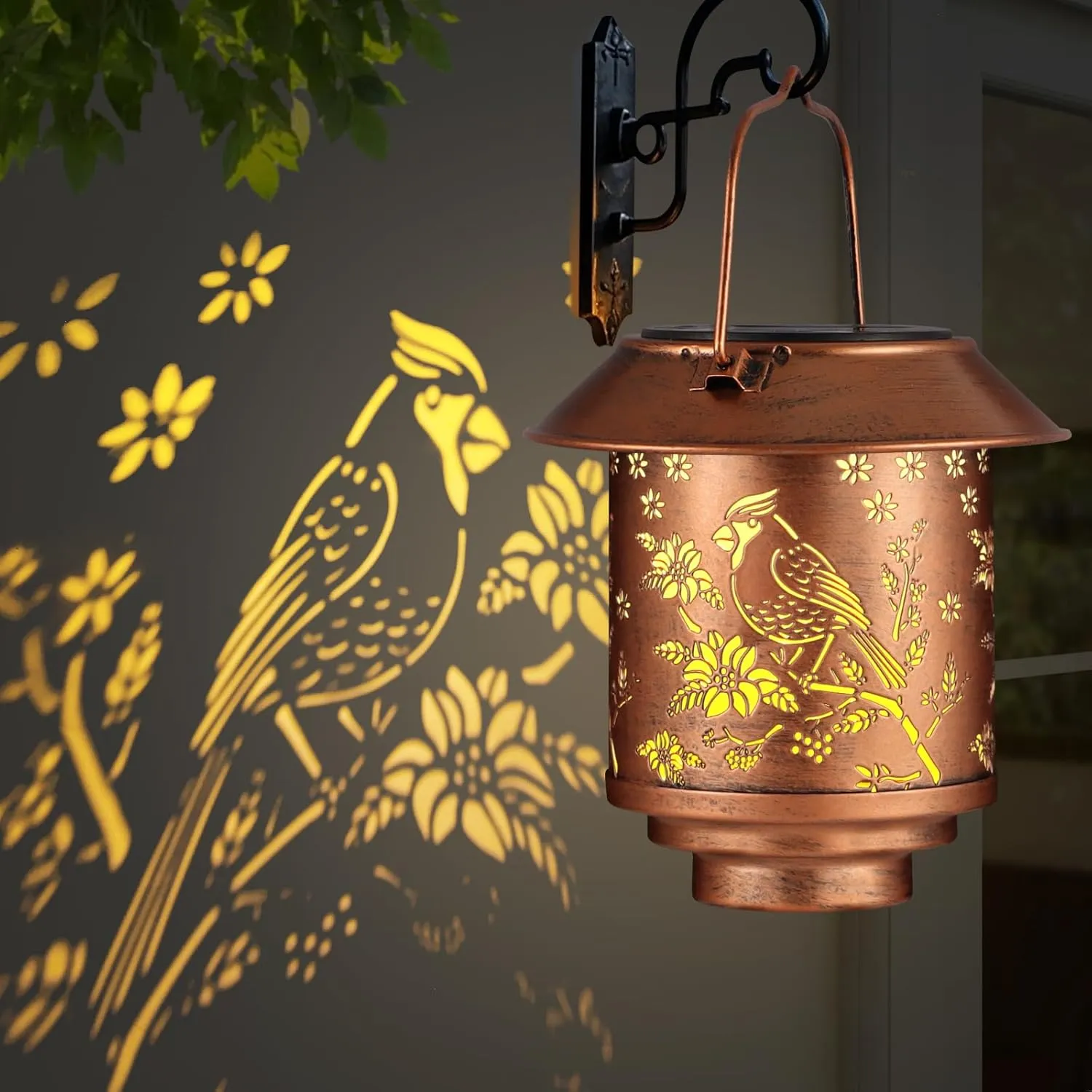 Outdoor Hanging Solar Lantern Waterproof Outside Metal Openwork Cardinal Pattern Landscape Lights for Porch Garden Yard Patio Pathway Decor Birthday Gifts for Women Mom Grandma
