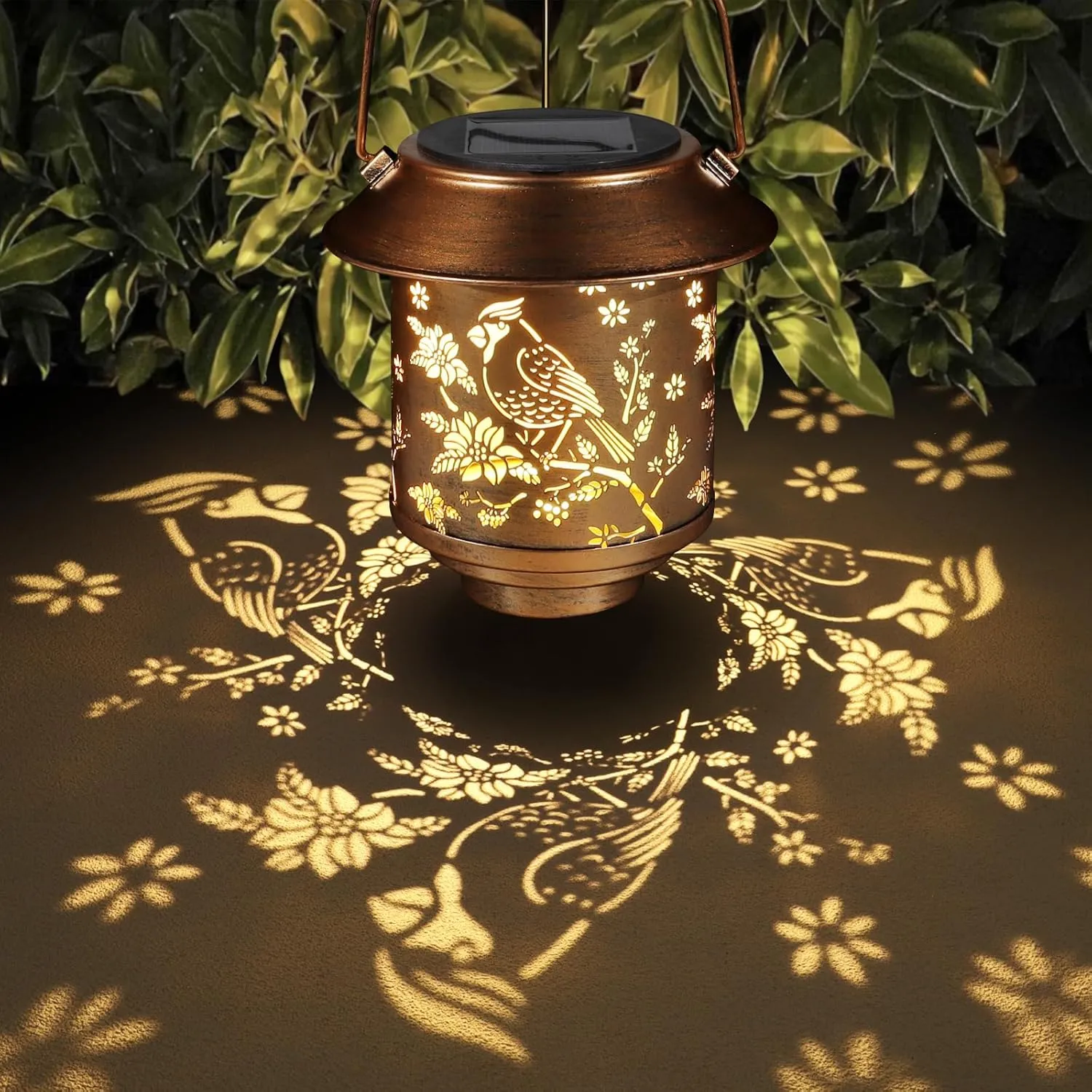 Outdoor Hanging Solar Lantern Waterproof Outside Metal Openwork Cardinal Pattern Landscape Lights for Porch Garden Yard Patio Pathway Decor Birthday Gifts for Women Mom Grandma
