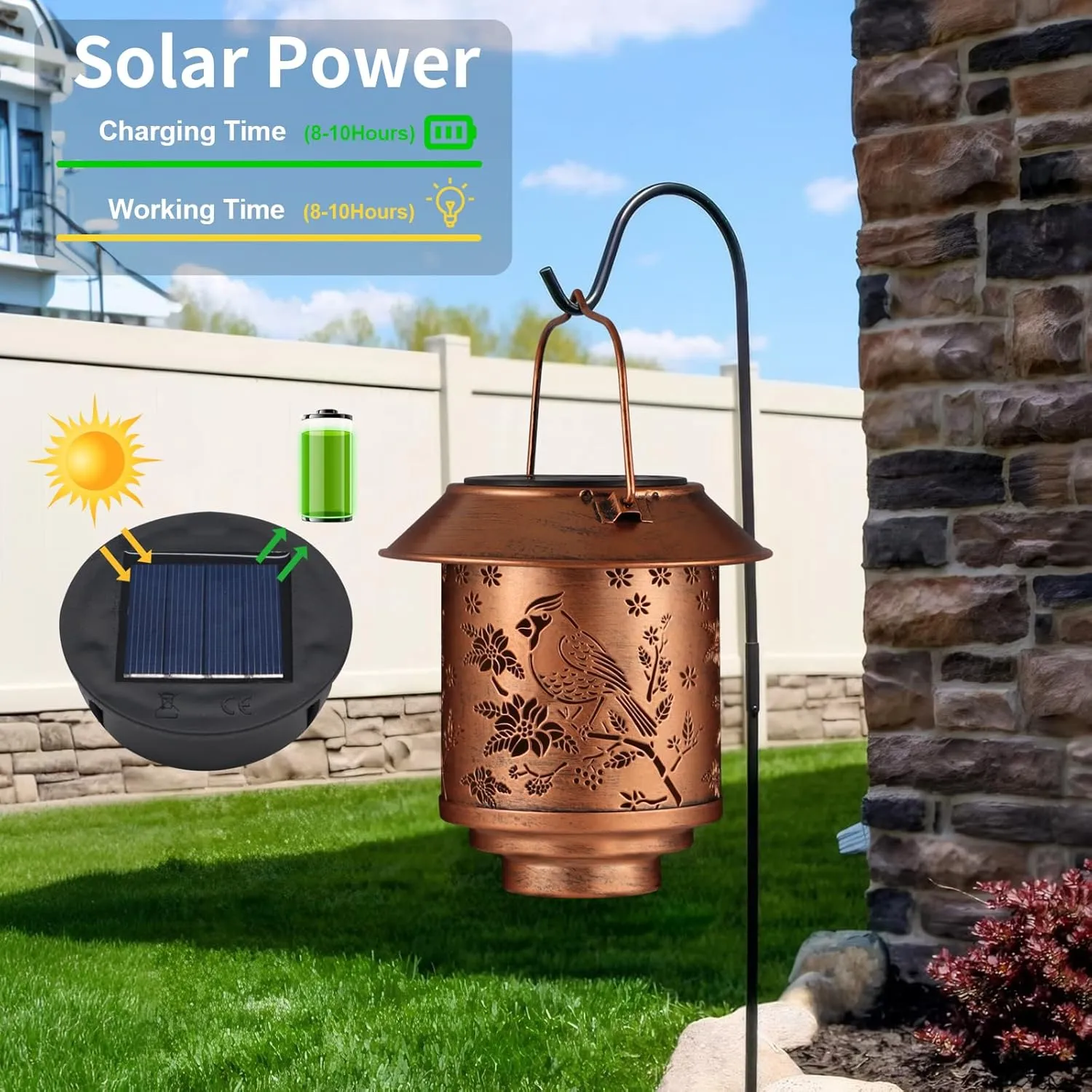 Outdoor Hanging Solar Lantern Waterproof Outside Metal Openwork Cardinal Pattern Landscape Lights for Porch Garden Yard Patio Pathway Decor Birthday Gifts for Women Mom Grandma