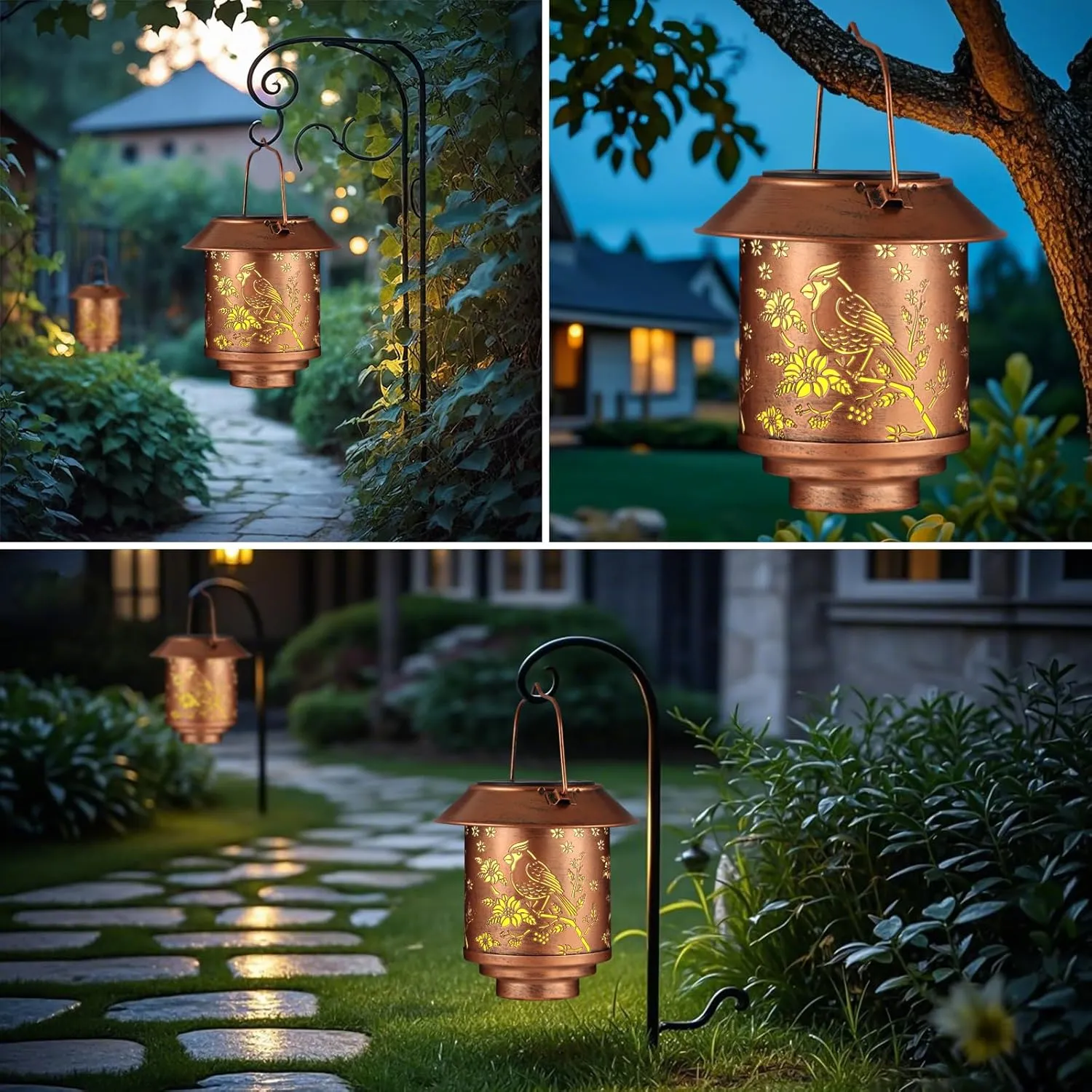 Outdoor Hanging Solar Lantern Waterproof Outside Metal Openwork Cardinal Pattern Landscape Lights for Porch Garden Yard Patio Pathway Decor Birthday Gifts for Women Mom Grandma