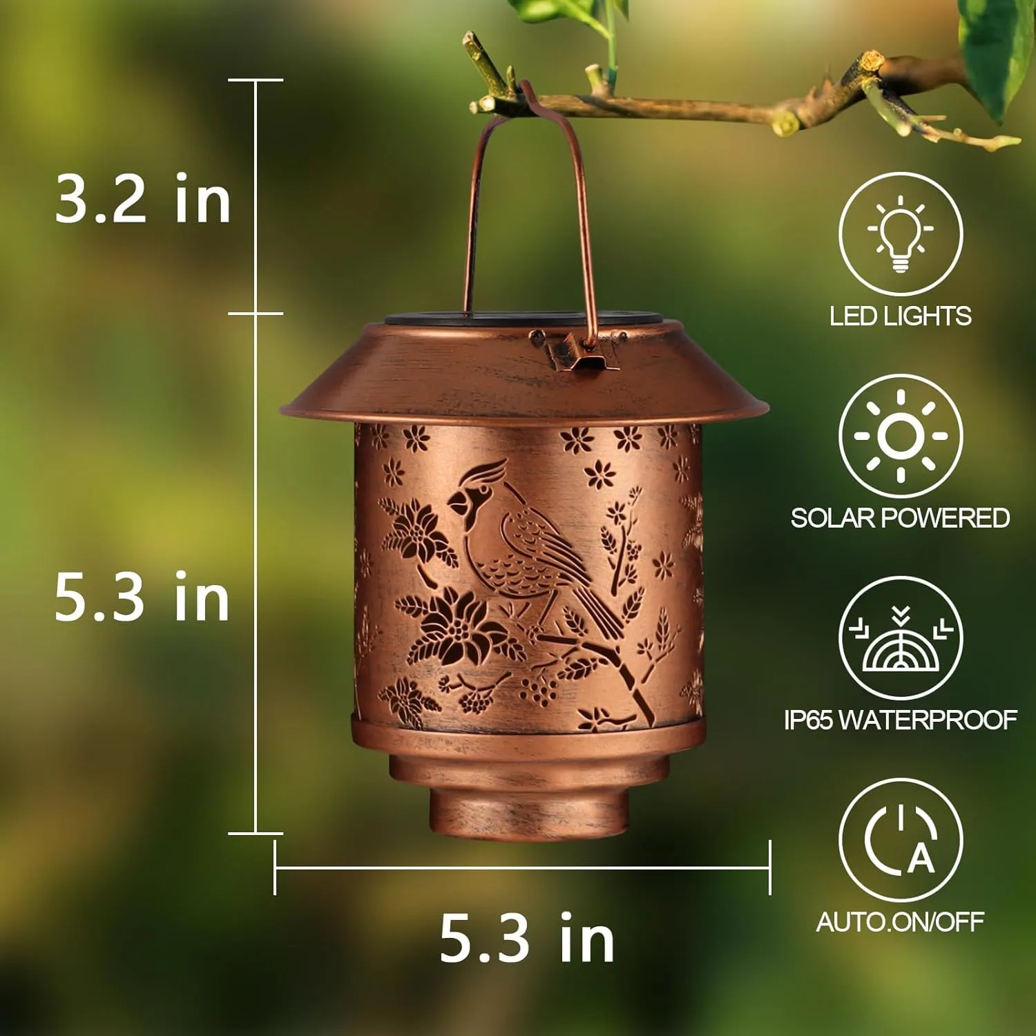 Outdoor Hanging Solar Lantern Waterproof Outside Metal Openwork Cardinal Pattern Landscape Lights for Porch Garden Yard Patio Pathway Decor Birthday Gifts for Women Mom Grandma