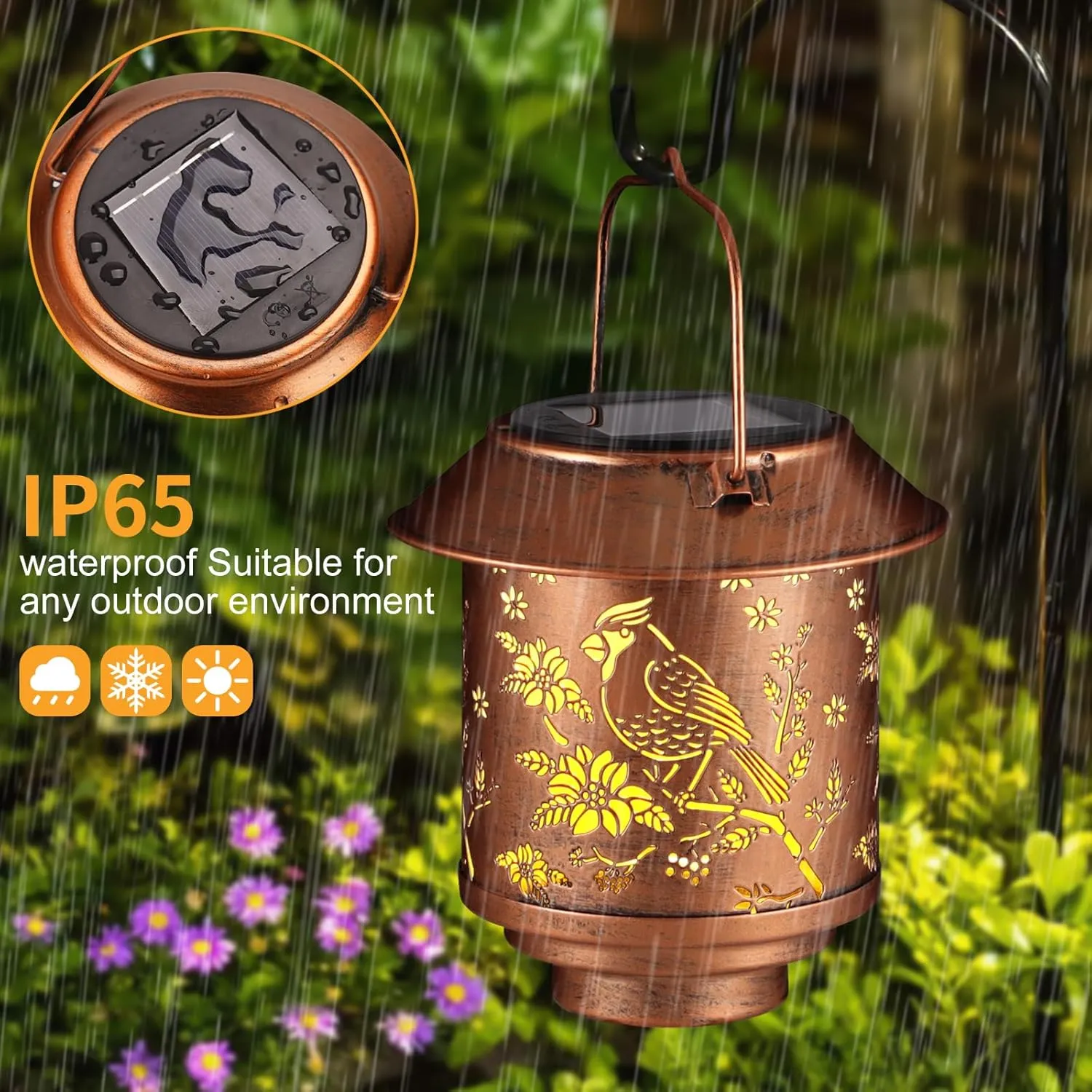 Outdoor Hanging Solar Lantern Waterproof Outside Metal Openwork Cardinal Pattern Landscape Lights for Porch Garden Yard Patio Pathway Decor Birthday Gifts for Women Mom Grandma