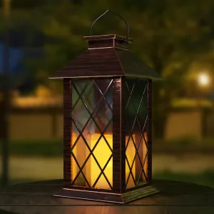 Outdoor Solar Lanterns, Waterproof Hanging Lantern with LED Flickering Flameless Candle, 13'' Bronze Outdoor Solar Powered Lantern Decor for Porch Patio Garden Balcony Pathway, 1 Pack