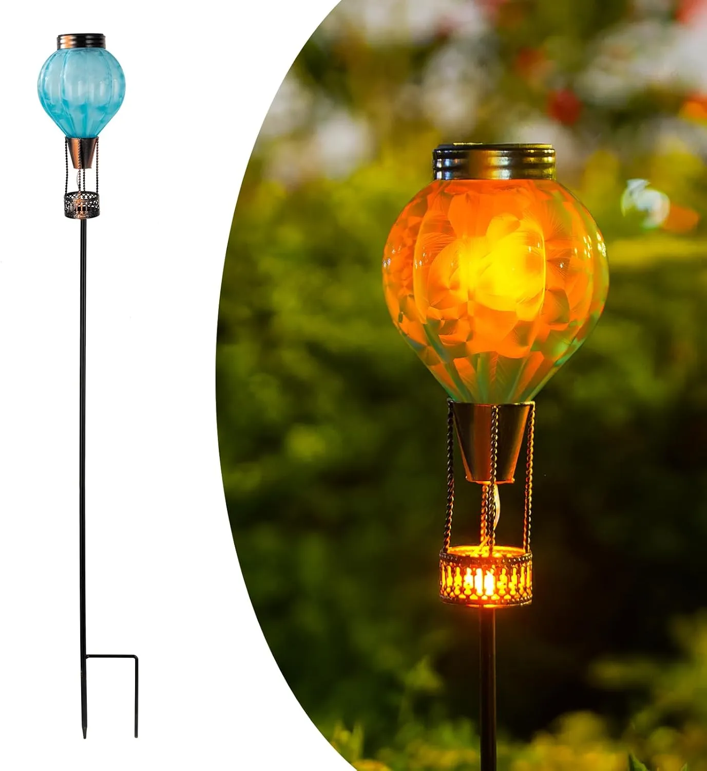 Outdoor Solar Lights Garden Stake, Blue Hot Air Balloon Solar Lantern Outdoor Waterproof with Flicking Flame, Gifts for Women, Mom, Outside, Patio, Lawn, Yard, Pathway