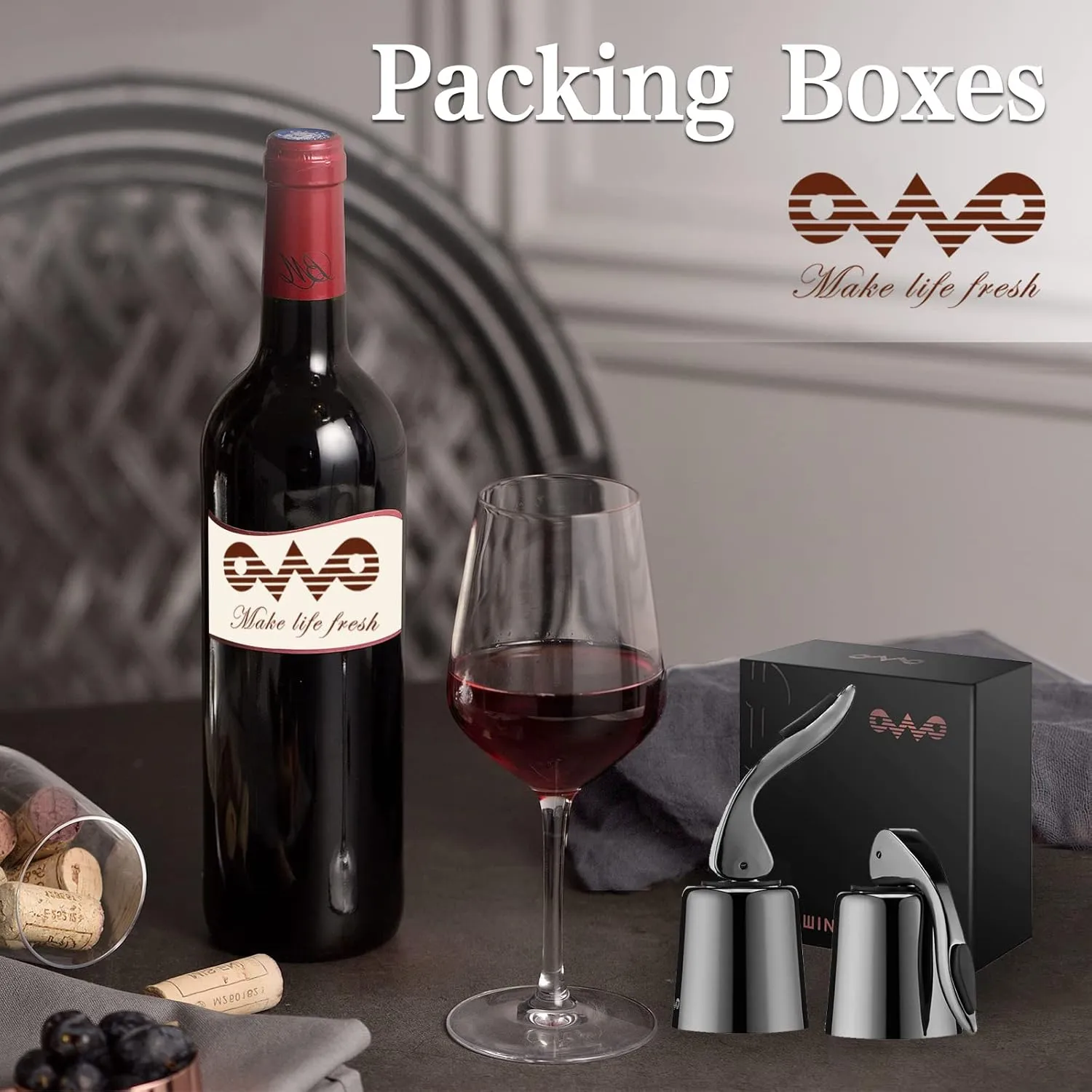 OWO Stainless Steel Wine Bottle Stopper, Reusable Wine Saver with Silicone Seal, Decorative Bottle Sealer, Keeps Fresh (Metal Black, 2 Pack)