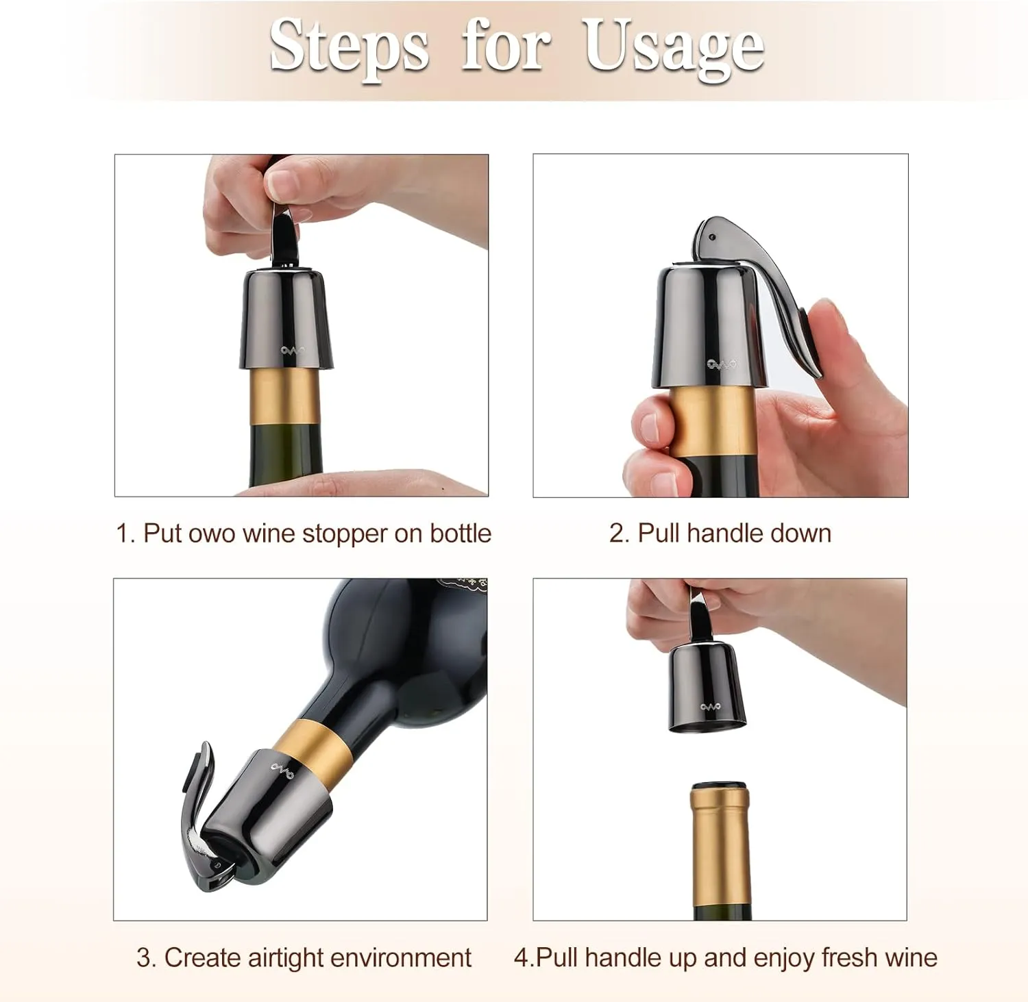 OWO Stainless Steel Wine Bottle Stopper, Reusable Wine Saver with Silicone Seal, Decorative Bottle Sealer, Keeps Fresh (Metal Black, 2 Pack)