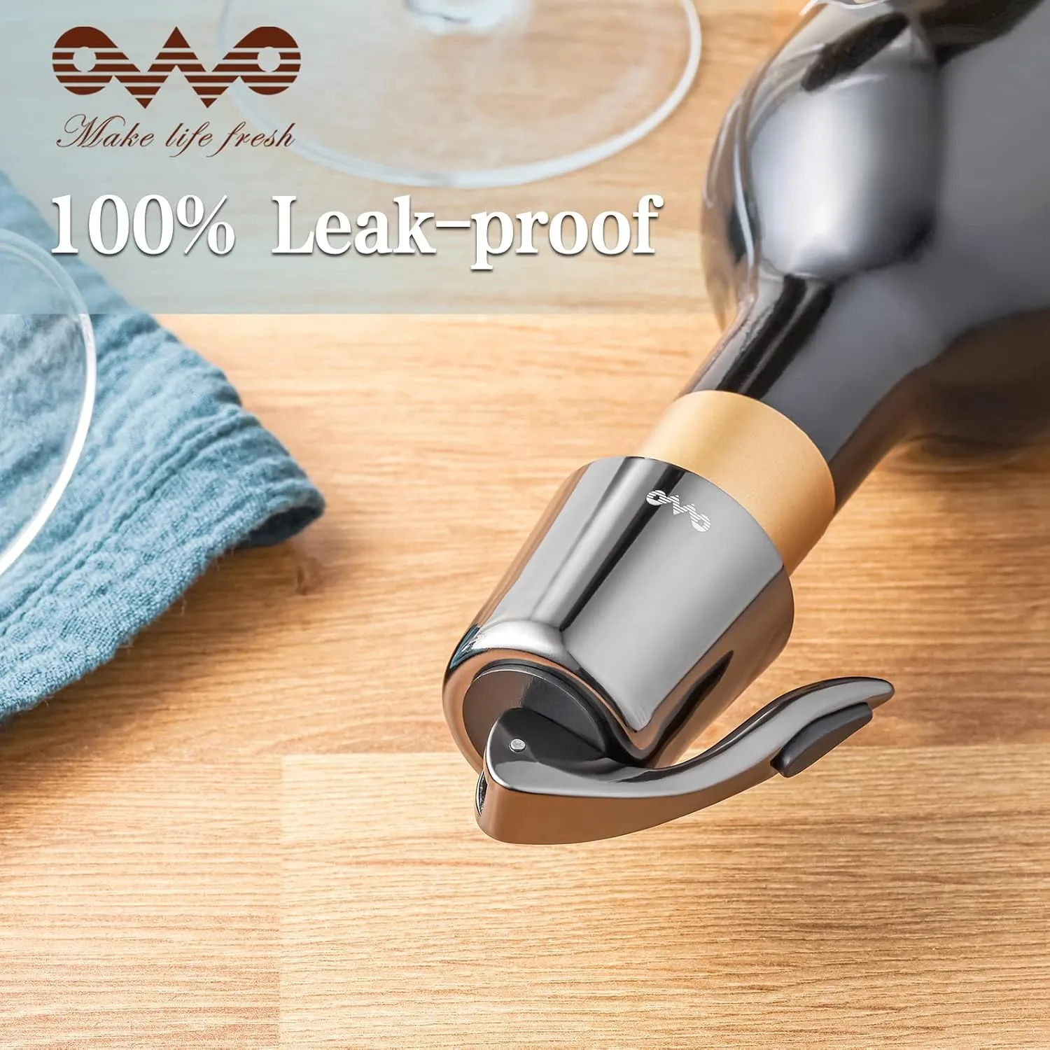 OWO Stainless Steel Wine Bottle Stopper, Reusable Wine Saver with Silicone Seal, Decorative Bottle Sealer, Keeps Fresh (Metal Black, 2 Pack)