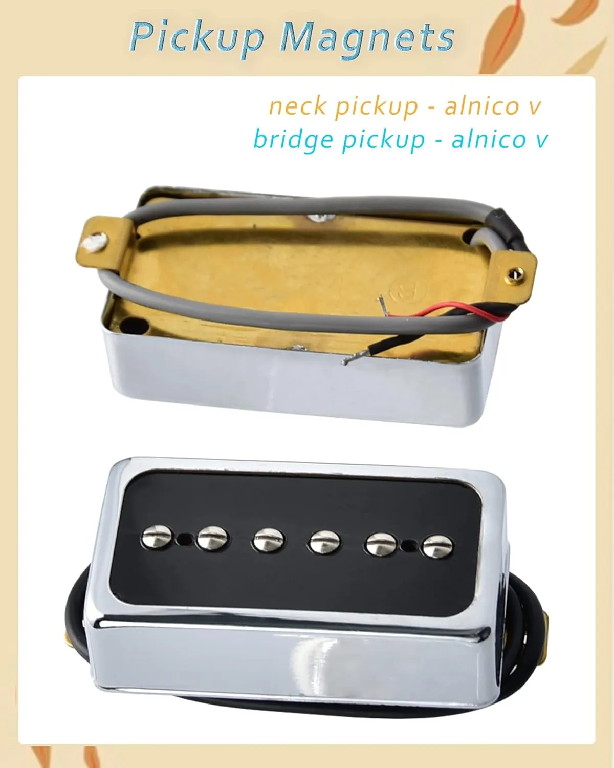 P90 Tone Pickups Set, Humbucker-sized Single Coil Neck Pick-up and Bridge Pick Up Loaded Alnico V Magnets, as Replacement Parts for Standard-Humbucker Pickup on Electric Guitar, Chrome
