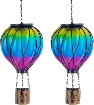 Pack of 2 Gradient Color Solar Hot Air Balloon Outdoor Lantern with Flickering Flame Hanging Outdoor Lantern Waterproof Decorative Solar Lanterns Light for Patio, Garden, Porch