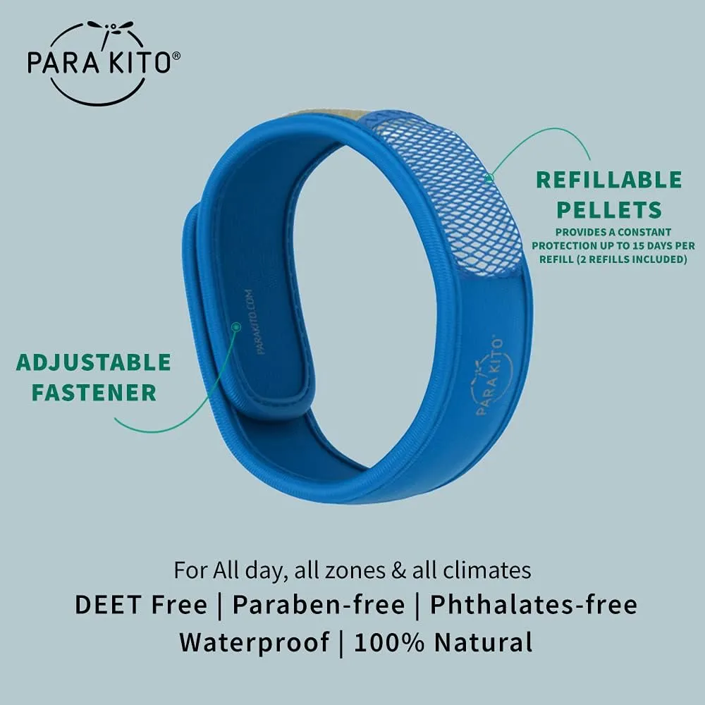 PARA'KITO Mosquito Insect & Bug Protection Wristband - Mosquito Stickers, Bug Spray Alternative Essentials for Beach, Camping, Desert Hiking, Christmas Bonfires - Natural Essential Oils (Blue)