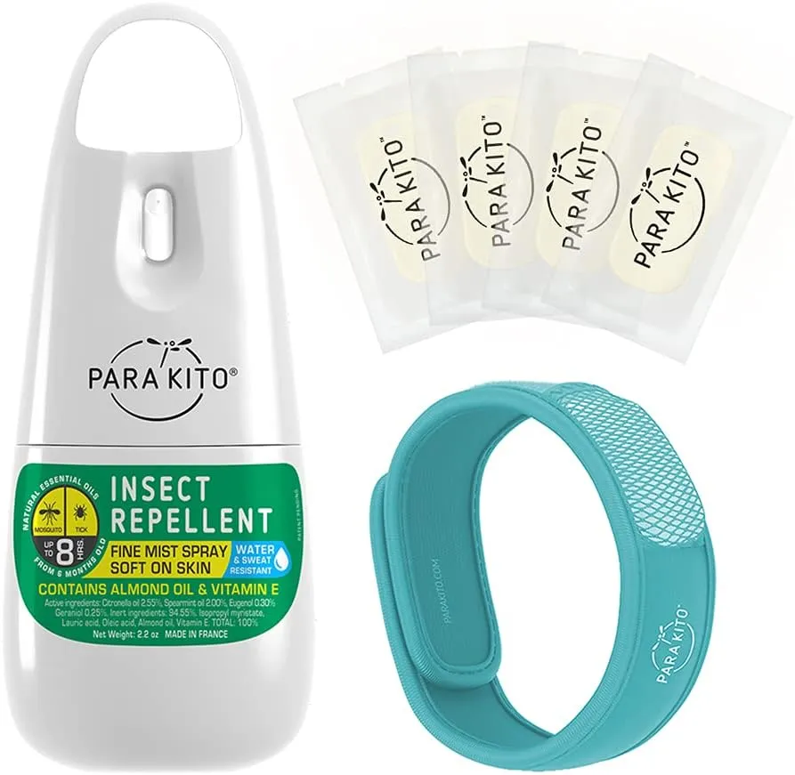 PARAKITO Mosquito, Insect & Bug Spray Bundle - Includes Spray, Turquoise Wristband & 4 Refills | DEET Free, Citronella Essential Oils, Perfect for Camping, Hiking, Travel Outdoor Activities