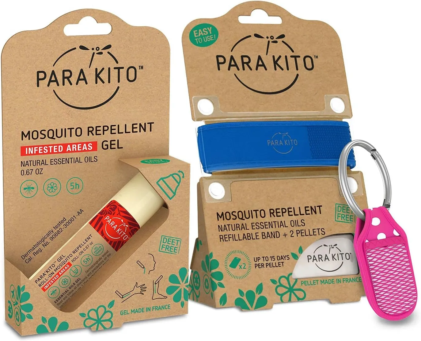 PARA'KITO Mosquito Repellent Bundle - 1 Roll-on | 1 Wristband | 1 Clip (Roll-on   Blue   Pink)