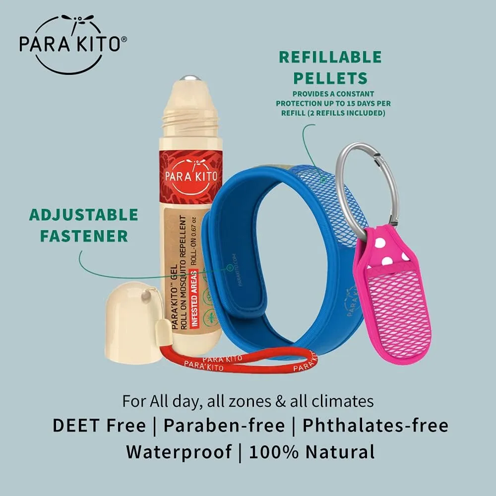 PARA'KITO Mosquito Repellent Bundle - 1 Roll-on | 1 Wristband | 1 Clip (Roll-on   Blue   Pink)