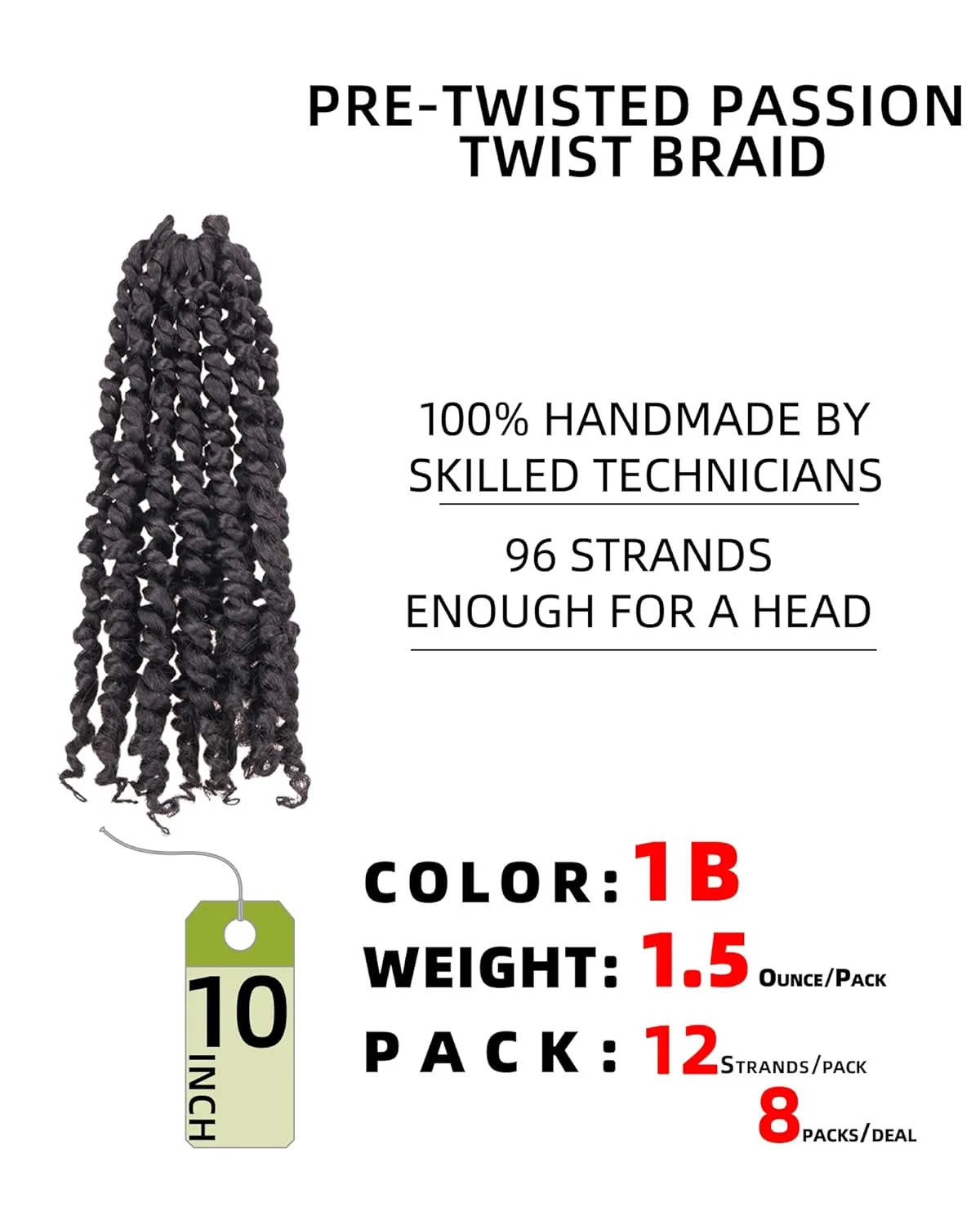 Passion Twist Hair-Pre-twisted Passion Twists,Pre-Looped Crochet Braids Made Of Bohemian Hair Synthetic Braiding Hair Extensions (10 Inch(Pack of 8), 1B)