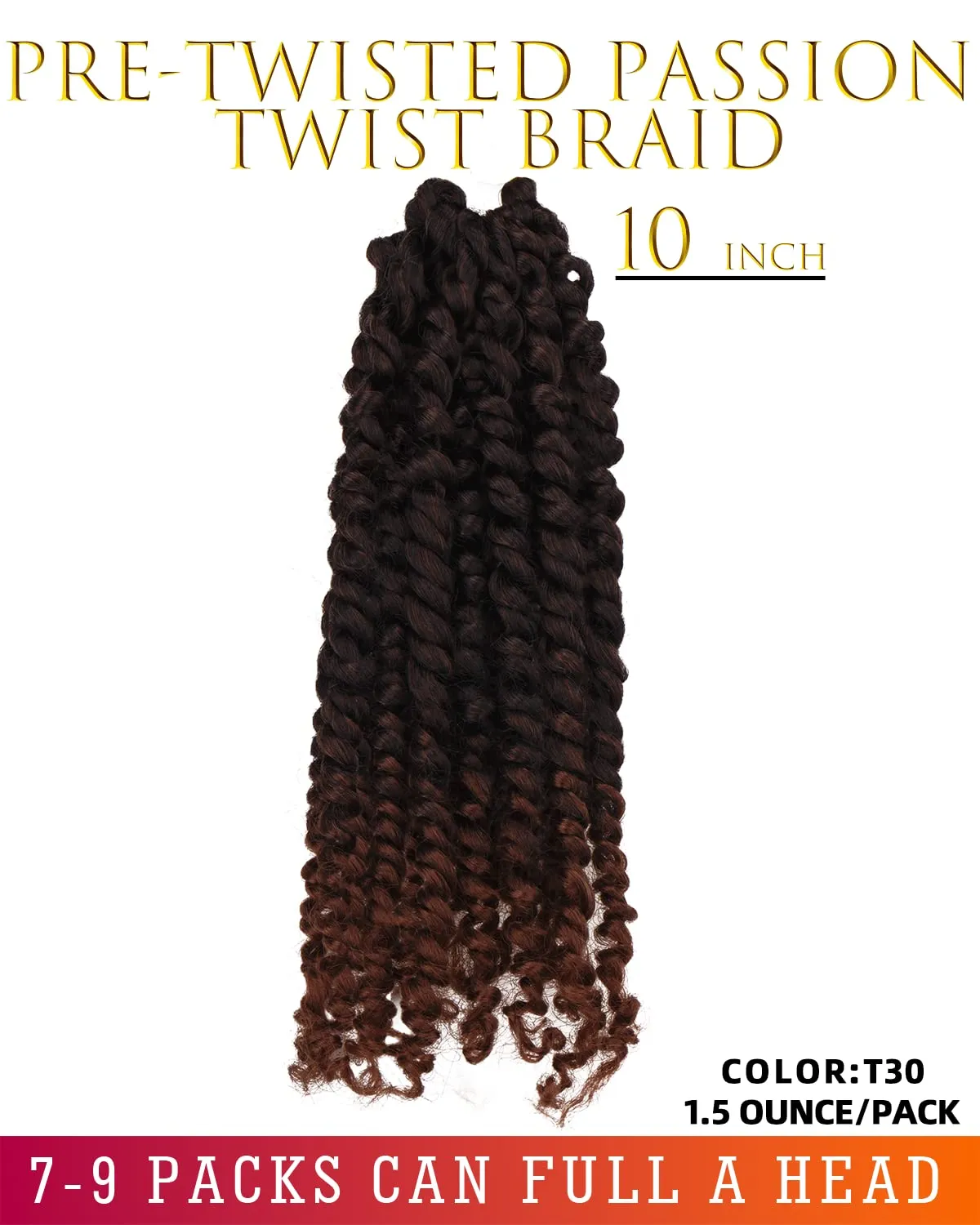 Passion Twist Hair-Pre-twisted Passion Twists,Pre-Looped Crochet Braids Made Of Bohemian Hair Synthetic Braiding Hair Extensions (10 Inch(Pack of 8), T30)