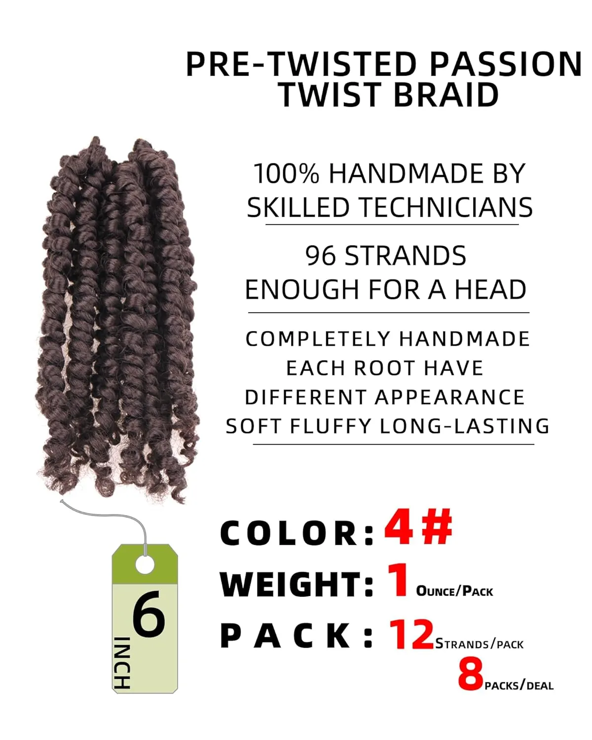 Passion Twist Hair-Pre-twisted Passion Twists,Pre-Looped Crochet Braids Made Of Bohemian Hair Synthetic Braiding Hair Extensions (6 Inch(Pack of 8), 4#)