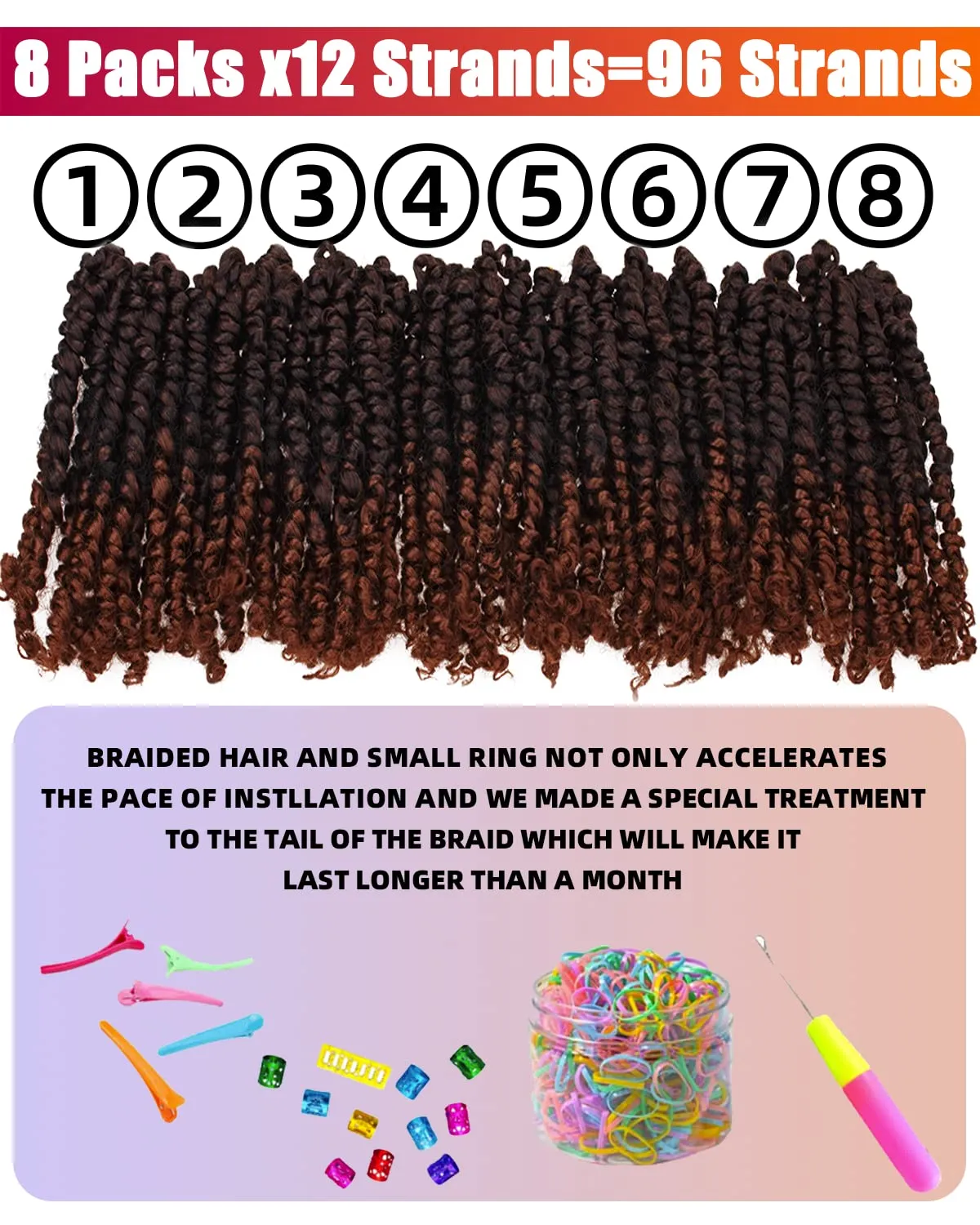 Passion Twist Hair-Pre-twisted Passion Twists,Pre-Looped Crochet Braids Made Of Bohemian Hair Synthetic Braiding Hair Extensions (8 Inch(Pack of 8), T30)