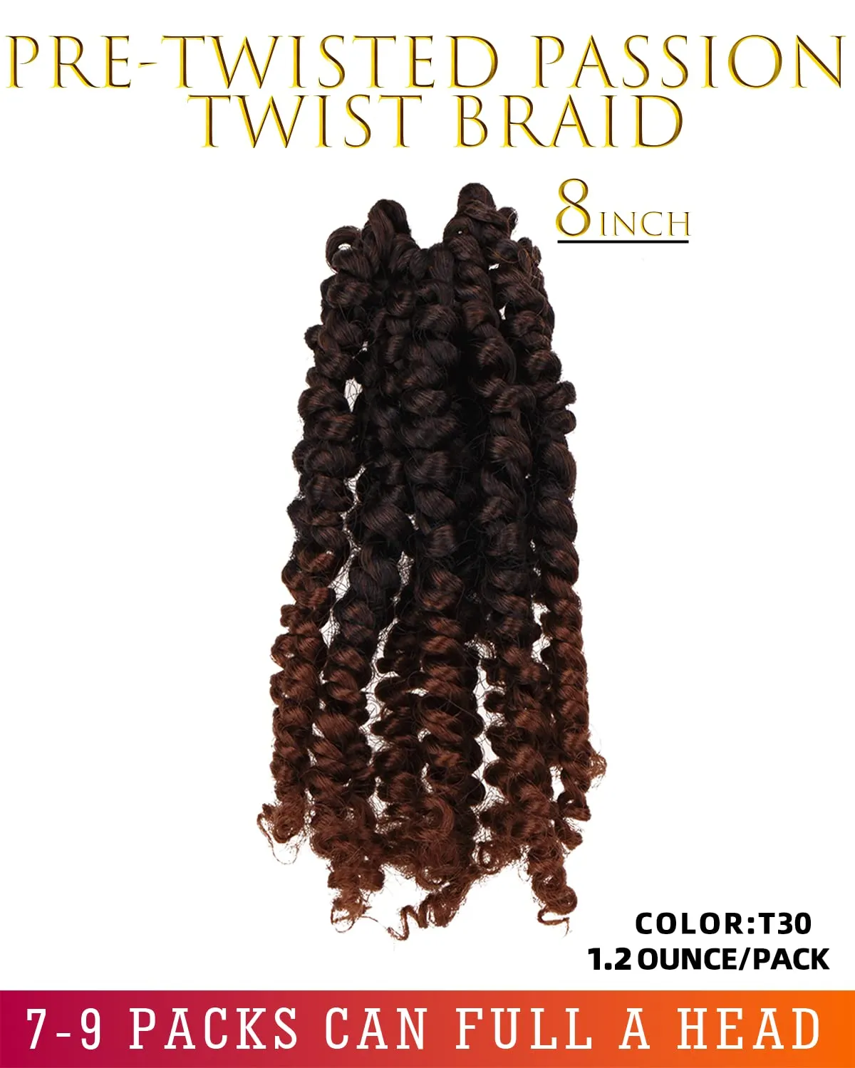 Passion Twist Hair-Pre-twisted Passion Twists,Pre-Looped Crochet Braids Made Of Bohemian Hair Synthetic Braiding Hair Extensions (8 Inch(Pack of 8), T30)