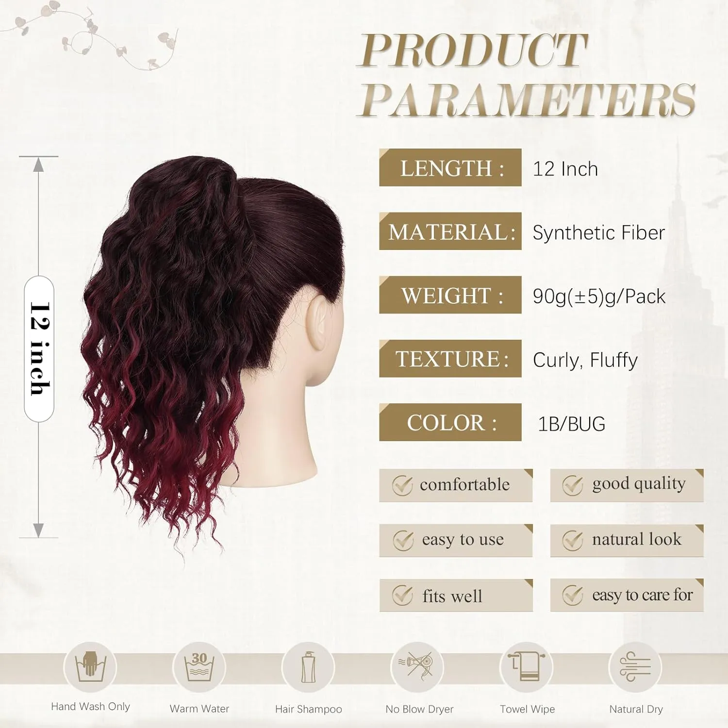 PEACOCO Ponytail Extension 12inch Long Synthetic Drawstring Ponytail Afro Curly Fluffy Pony Tail for Black Women Daily Use, 1B/Bug